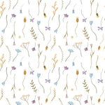 A delicate and playful wallpaper pattern featuring an assortment of whimsical flowers and plants scattered in a random layout. The design includes slender stems, tiny buds, and floral elements in soft shades of gold, blue, and purple, set against a clean white background. This minimalist yet charming pattern brings a light and airy feel, perfect for creating a serene space.