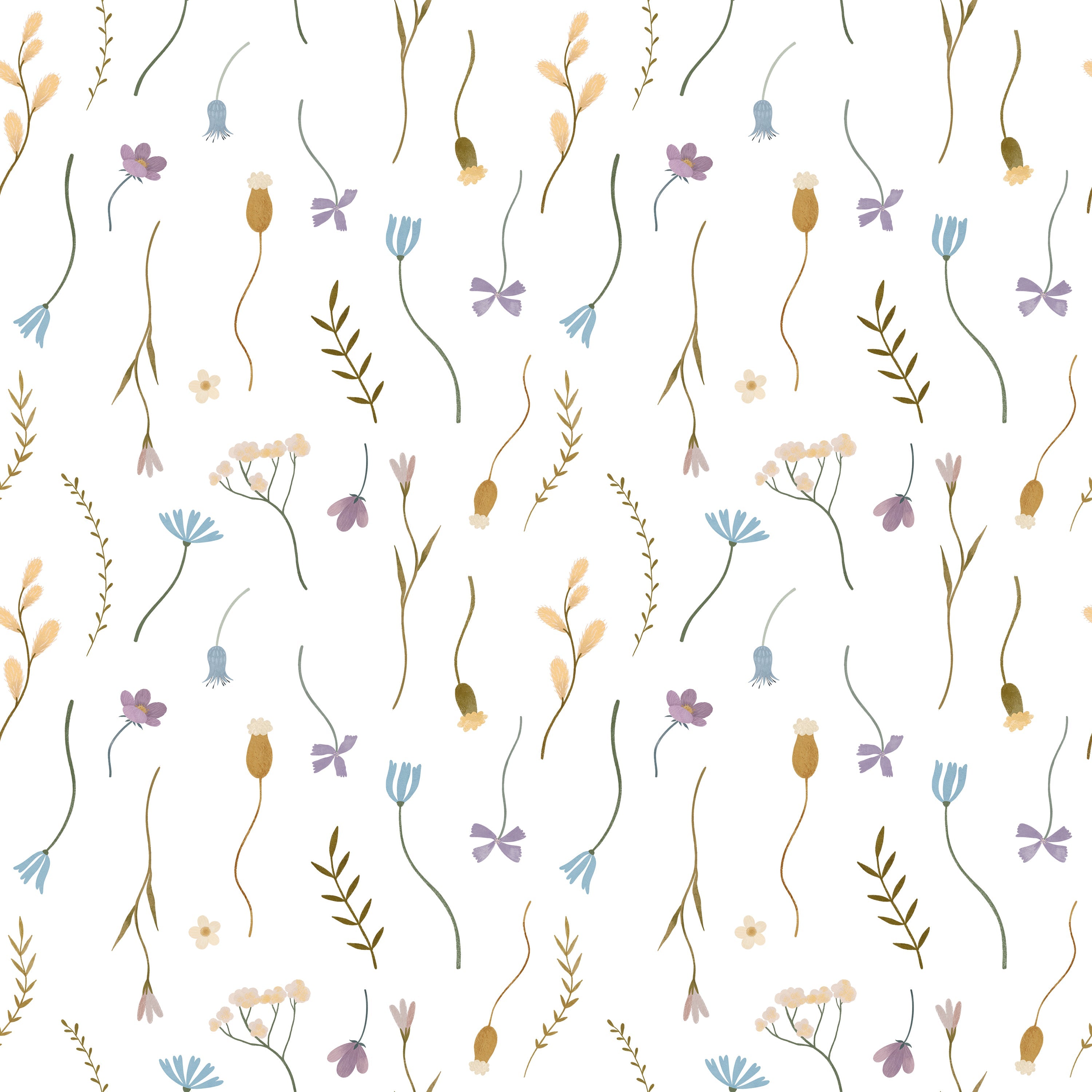 A delicate and playful wallpaper pattern featuring an assortment of whimsical flowers and plants scattered in a random layout. The design includes slender stems, tiny buds, and floral elements in soft shades of gold, blue, and purple, set against a clean white background. This minimalist yet charming pattern brings a light and airy feel, perfect for creating a serene space.