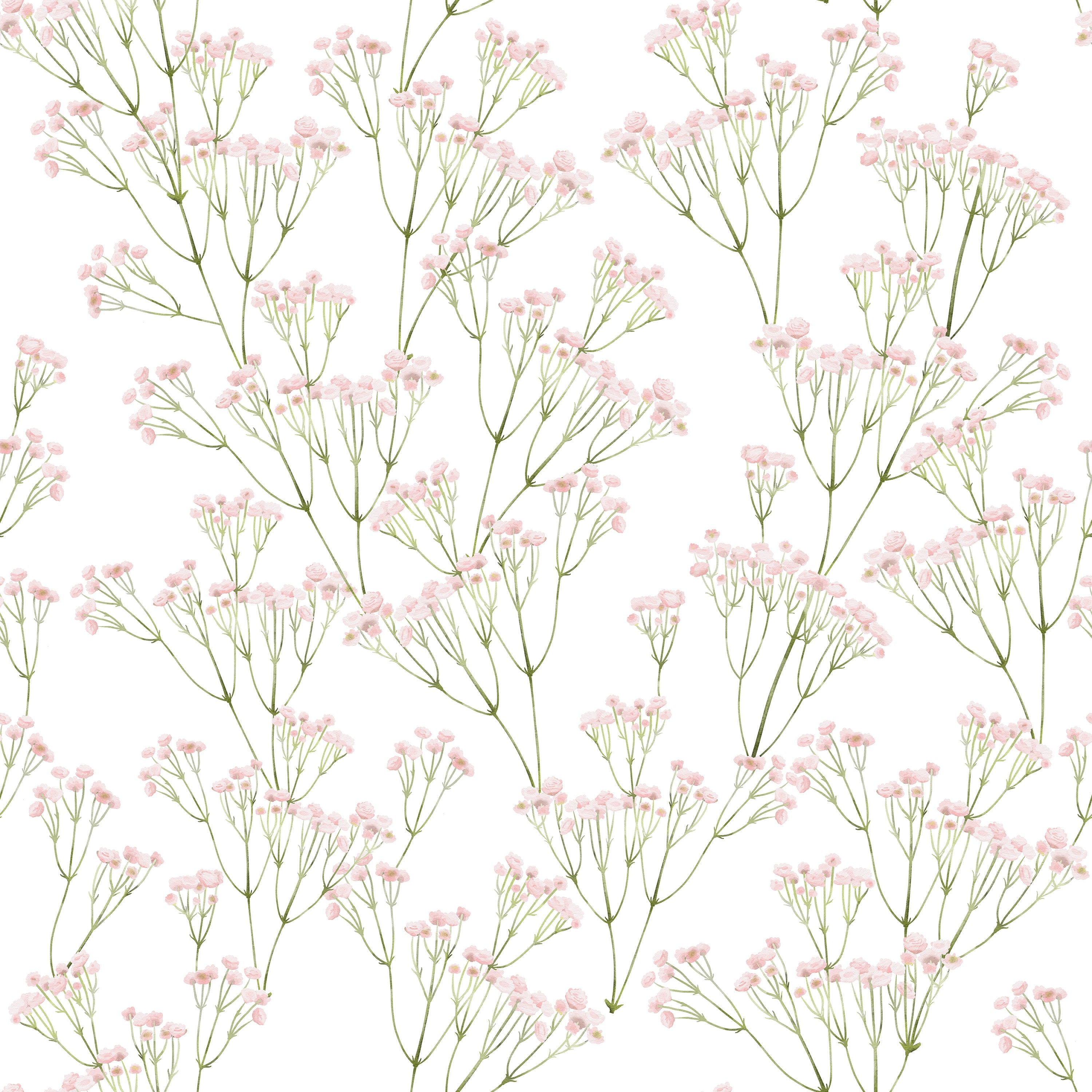 A delicate and detailed floral wallpaper featuring light pink blossoms clustered on thin green stems, dispersed evenly against a clean white background, conveying a fresh and airy botanical theme