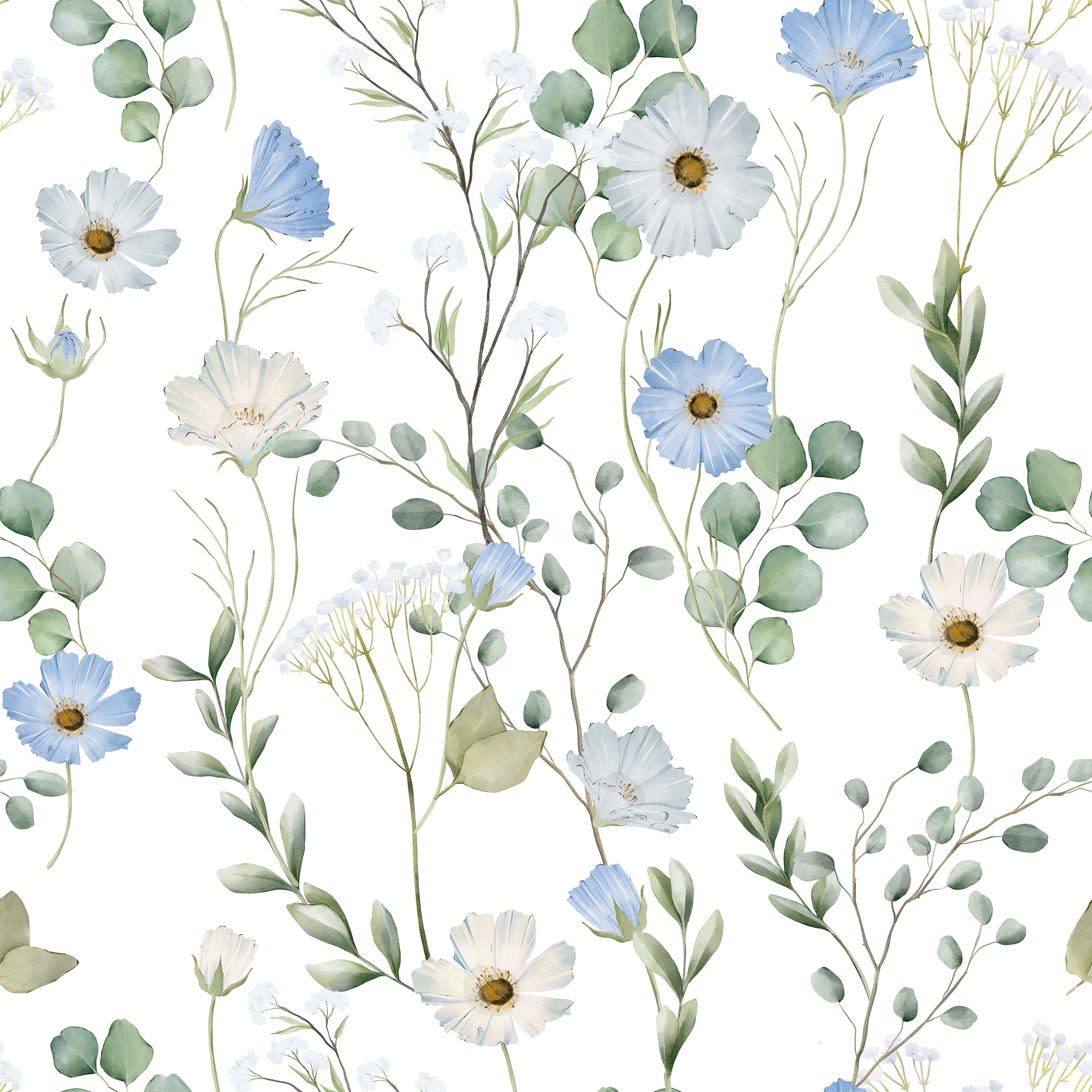 A wallpaper pattern displaying delicate botanical illustrations with various flowers in shades of blue and white, interspersed with green foliage, giving a light, airy feel that evokes a spring meadow