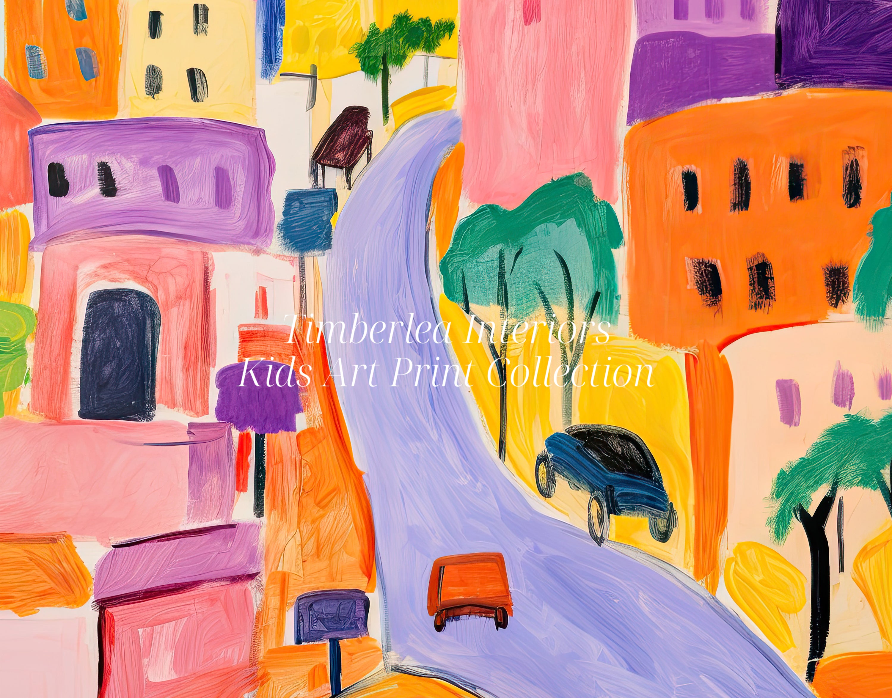 Close-up view of a dynamic art print featuring a lively city scene with vibrant buildings, winding streets, and colorful vehicles