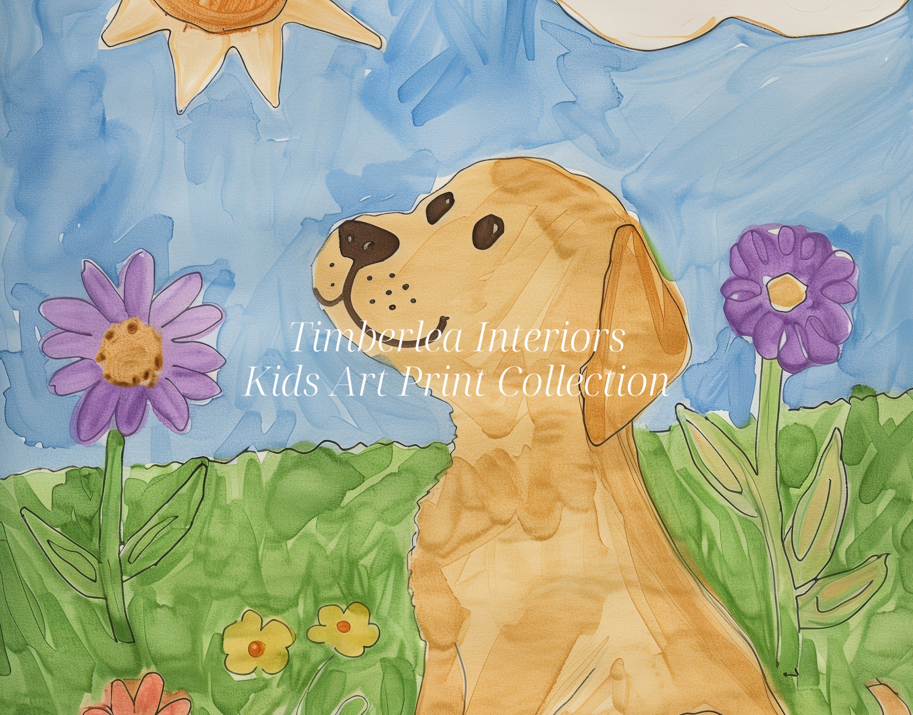 Close-up of Sunshine Puppy Art Print from Timberlea Interiors Kids Art Print Collection, featuring a playful puppy in a vibrant meadow under a cheerful sun.