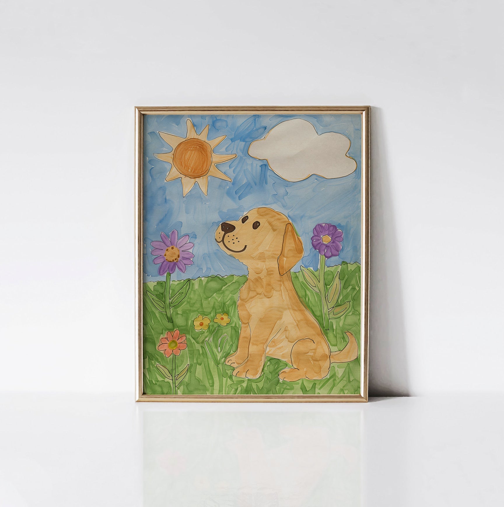 Sunshine Puppy Art Print from Timberlea Interiors Kids Art Print Collection displayed in a gold frame, showcasing a playful puppy in a colorful meadow with a bright sun overhead.