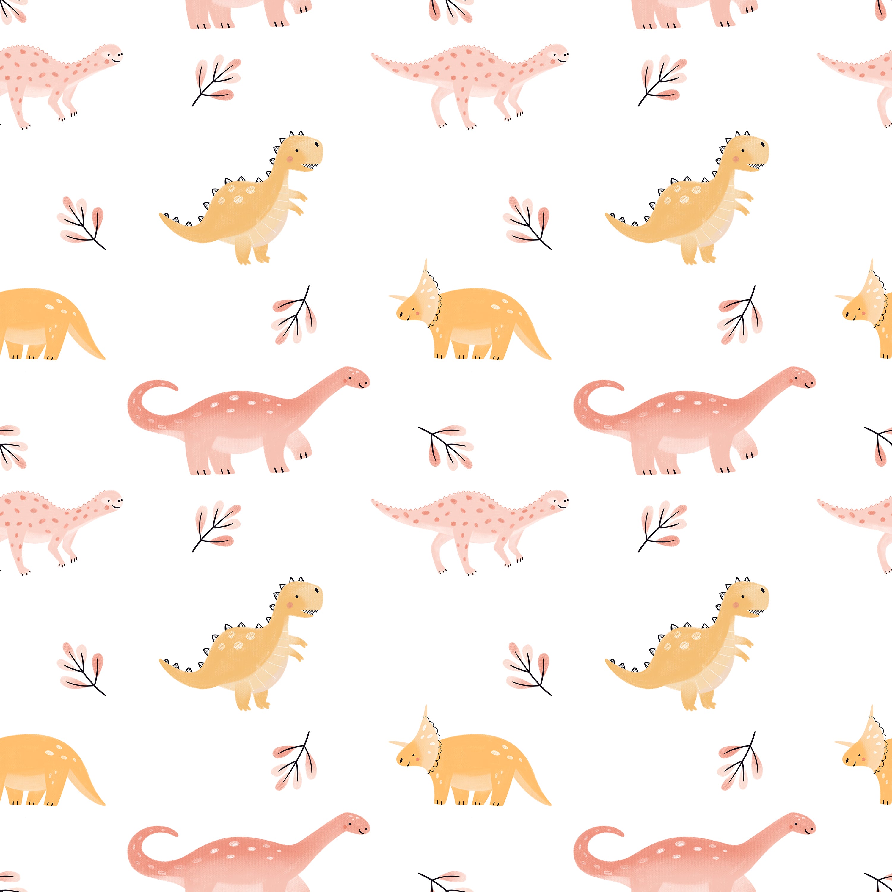 Seamless pattern of "Dino Days Wallpaper III" featuring cute, cartoon-style dinosaurs in shades of pink, yellow, and green on a white background. The dinosaurs are interspersed with small plant motifs, creating a playful and educational atmosphere perfect for children's rooms.
