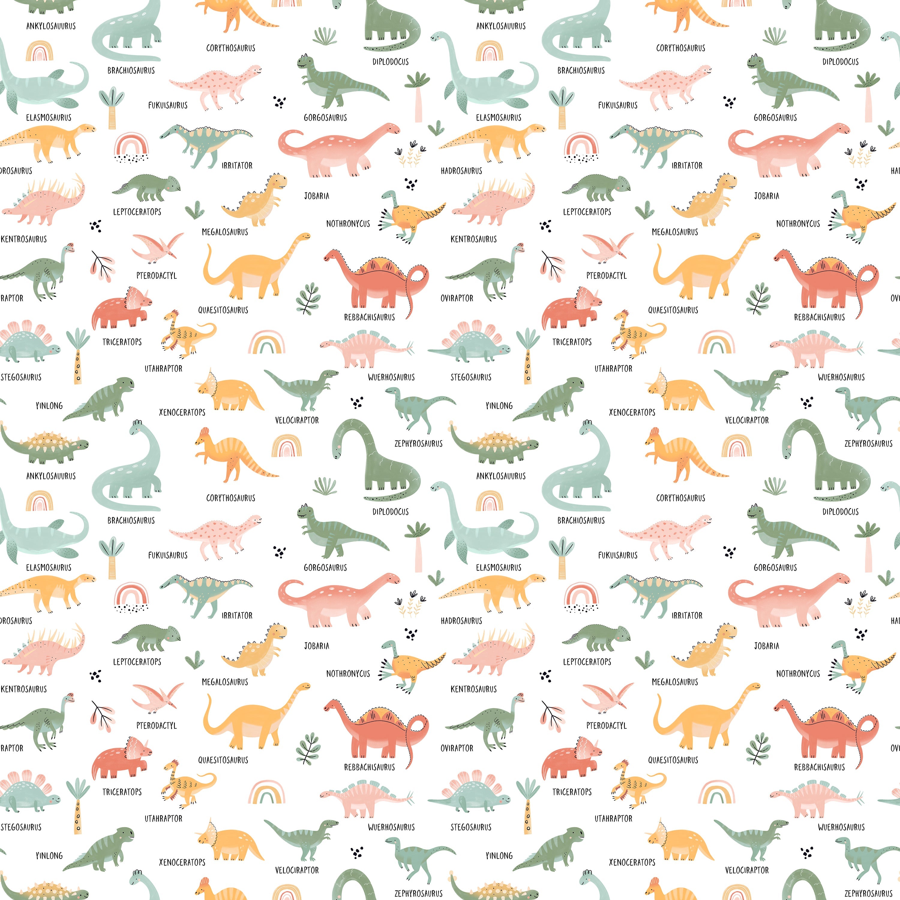 A colorful and educational wallpaper featuring a variety of dinosaurs named in a playful font. Each dinosaur is uniquely styled and colored, ranging from greens, oranges, to pinks, set against a white background with additional decorative elements like trees and abstract shapes.