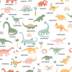 A colorful and educational wallpaper featuring a variety of dinosaurs named in a playful font. Each dinosaur is uniquely styled and colored, ranging from greens, oranges, to pinks, set against a white background with additional decorative elements like trees and abstract shapes.