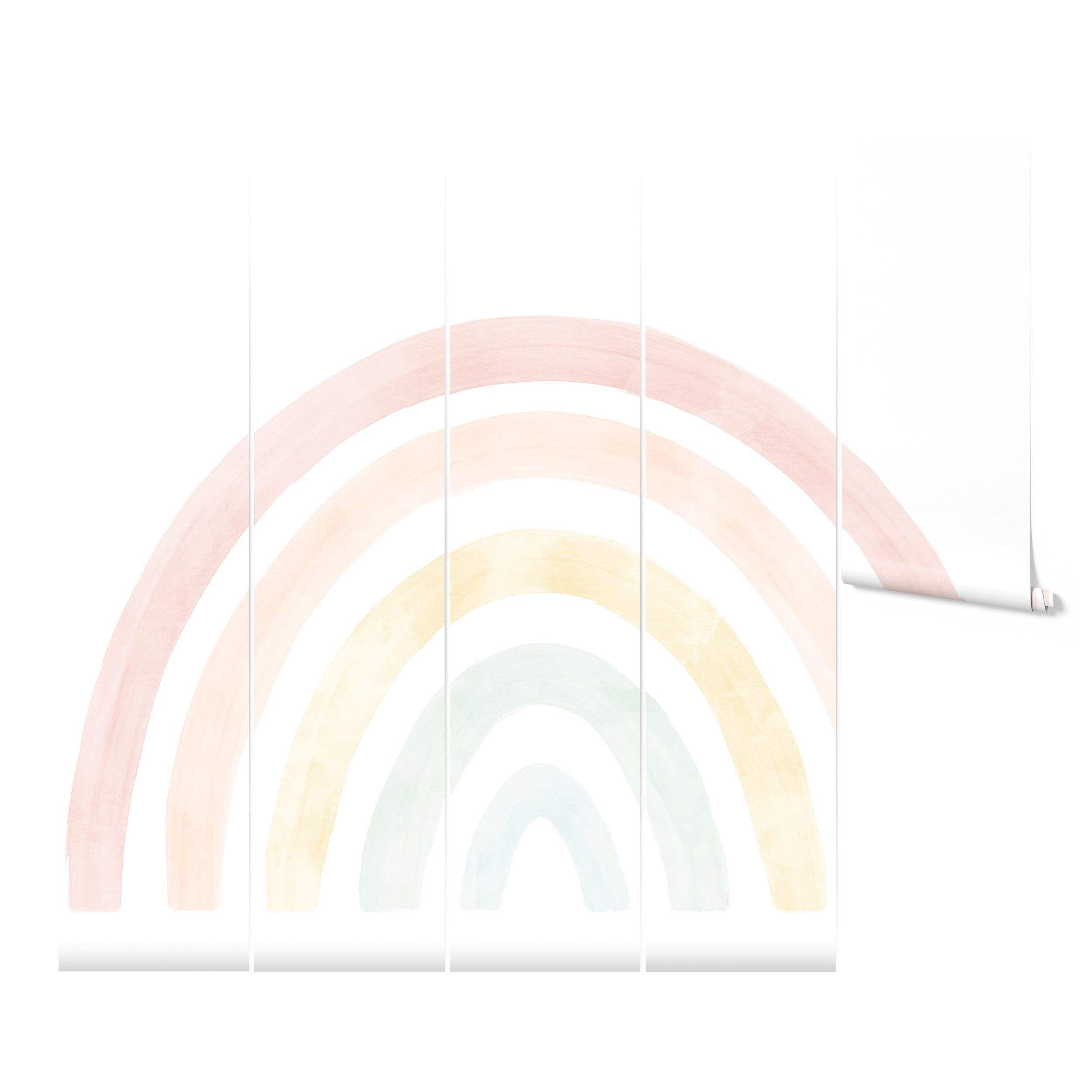 An image of the Pastel Rainbow Wallpaper Mural - Lyra, rolled up, indicating the design before installation, with delicate pastel bands forming a harmonious rainbow.