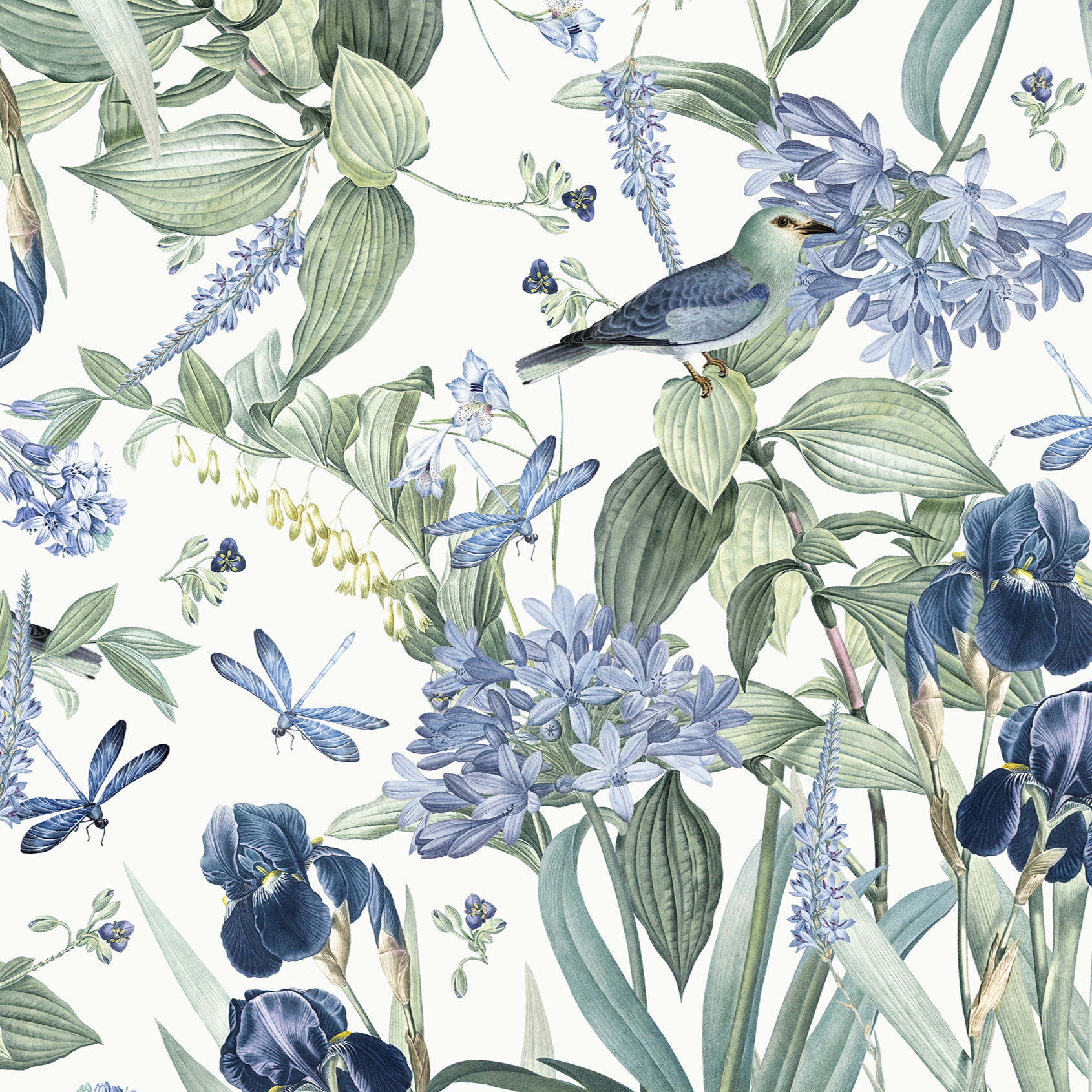 A detailed illustration of the Mint Floral Wallpaper showcasing a serene botanical pattern with blue flowers, green foliage, and subtle mint accents. The design features elegant birds and delicate dragonflies amongst lush floral arrangements, rendered in a soft, watercolor style.