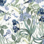 A detailed illustration of the Mint Floral Wallpaper showcasing a serene botanical pattern with blue flowers, green foliage, and subtle mint accents. The design features elegant birds and delicate dragonflies amongst lush floral arrangements, rendered in a soft, watercolor style.