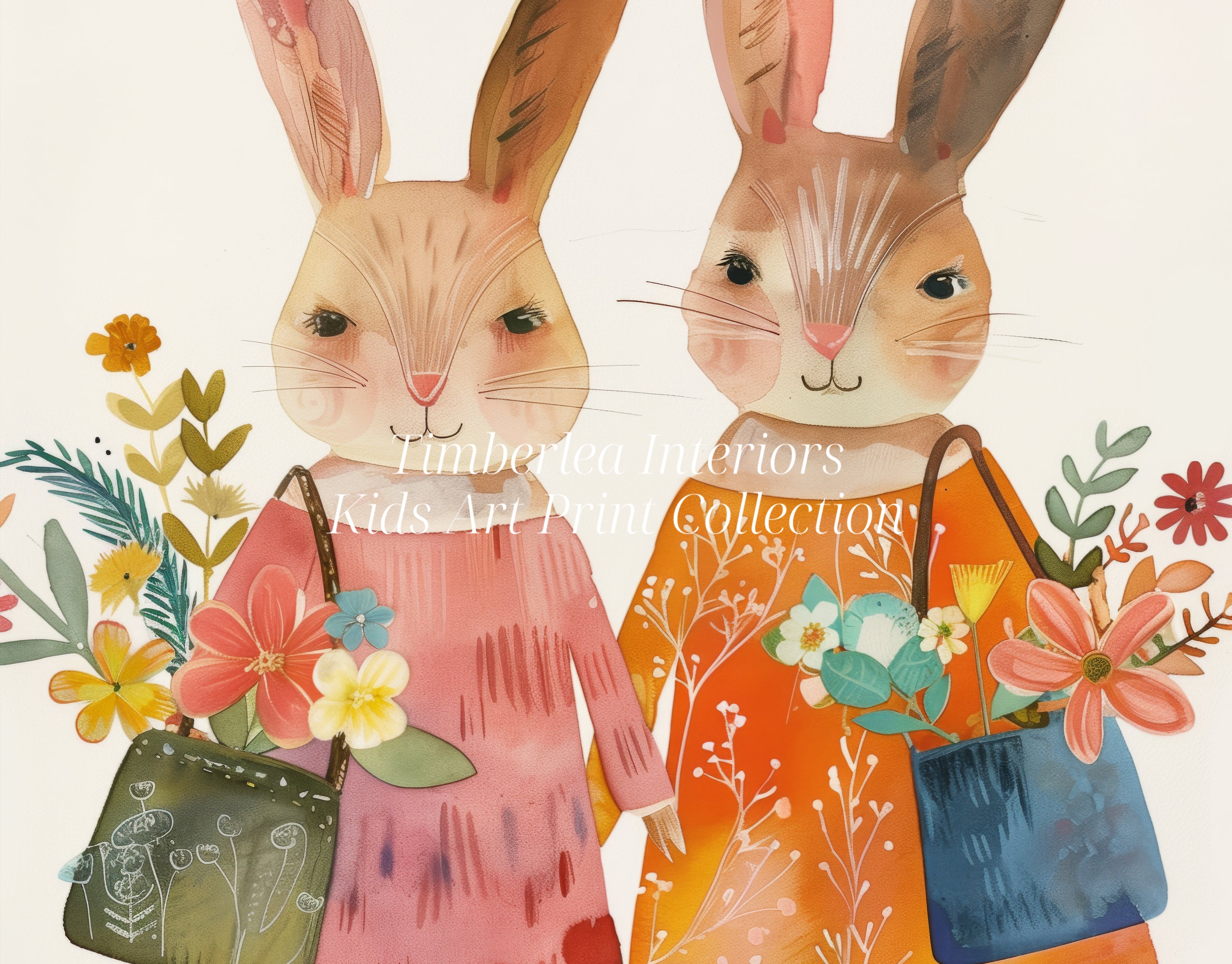 Close-up of Floral Bunny Friends Art Print from Timberlea Interiors Kids Art Print Collection, featuring two adorable bunnies in colorful outfits holding flower-filled bags.