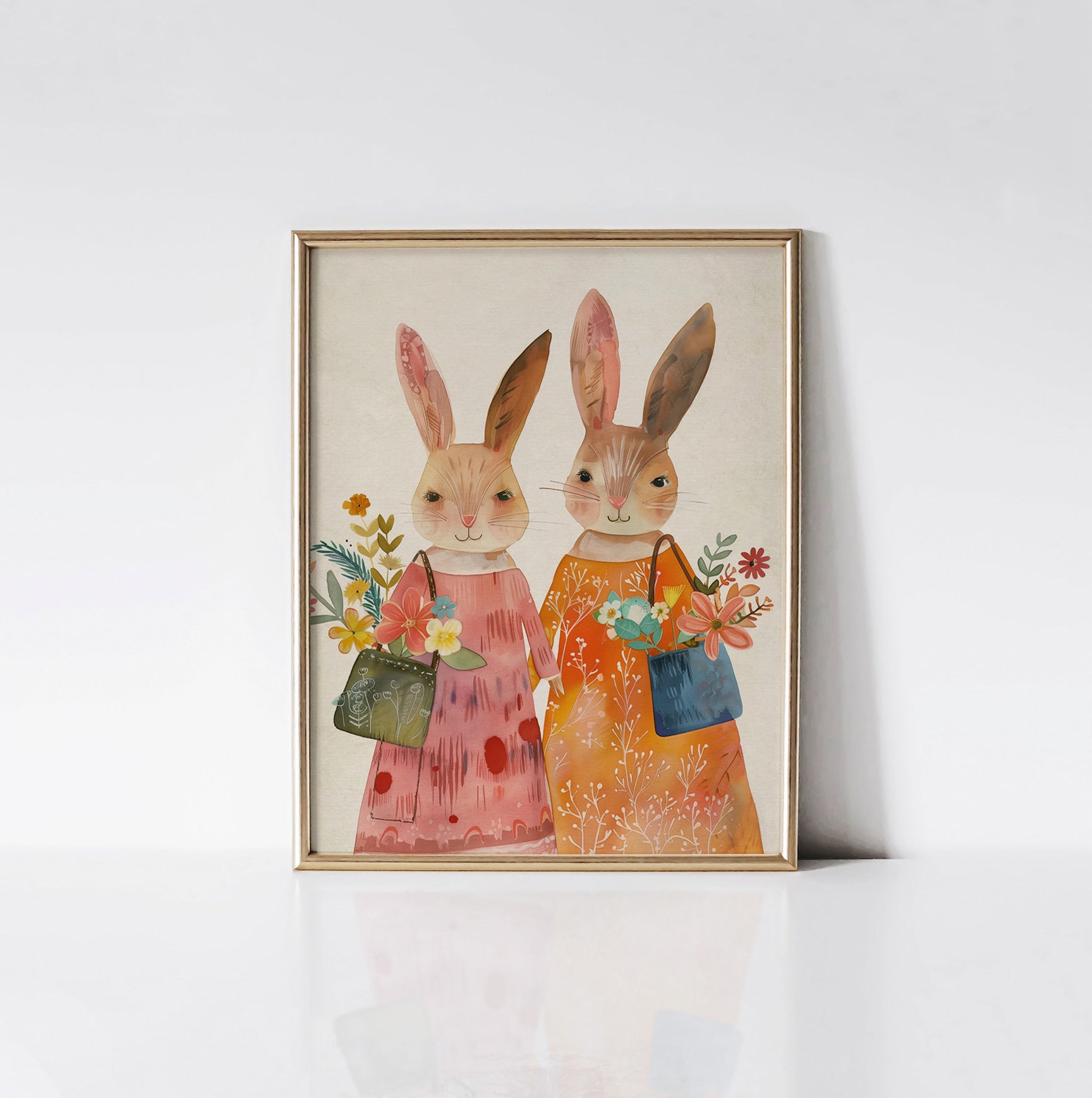 Floral Bunny Friends Art Print from Timberlea Interiors Kids Art Print Collection displayed in a gold frame, showcasing two charming bunnies with flower-filled bags and vibrant floral accents.