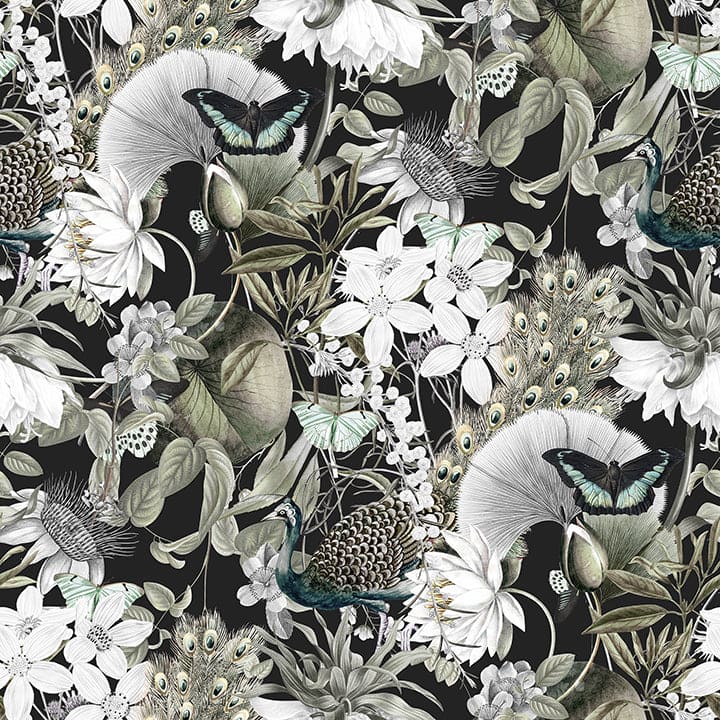 Detailed view of the 'Moody Botanicals Wallpaper', showcasing an intricate design with various elements such as peacocks, butterflies, and floral patterns in a monochromatic color scheme. This close-up highlights the wallpaper's detailed artistry and the moody, atmospheric quality it brings to interior decor.