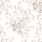 An intricate pattern of Boho Winter Floral Wallpaper showing detailed floral branches in soft taupe on a clean white background. The design features delicate blossoms and foliage, ideal for adding a touch of nature-inspired elegance to any space.