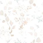 A delicate and soft watercolor wallpaper design featuring a mix of floral and herbal motifs in subtle shades of beige, taupe, and soft blues. The design is spread evenly across a clean white background, creating a tranquil and airy feel. The elements appear as if gently painted with watercolors, emphasizing a fresh and serene aesthetic.