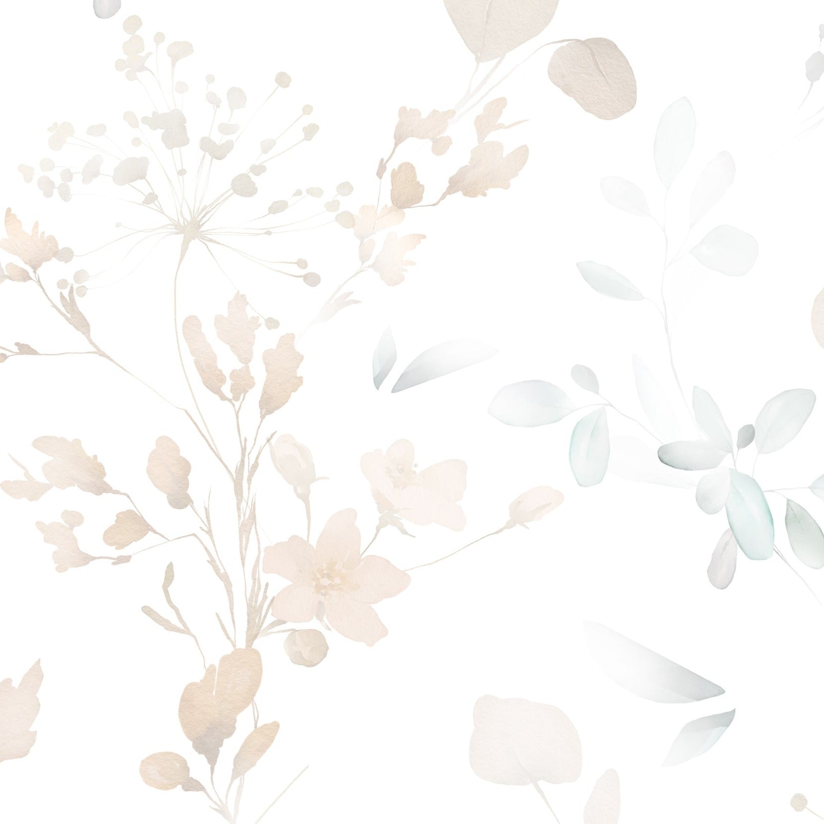 A delicate and soft watercolor wallpaper design featuring a mix of floral and herbal motifs in subtle shades of beige, taupe, and soft blues. The design is spread evenly across a clean white background, creating a tranquil and airy feel. The elements appear as if gently painted with watercolors, emphasizing a fresh and serene aesthetic.