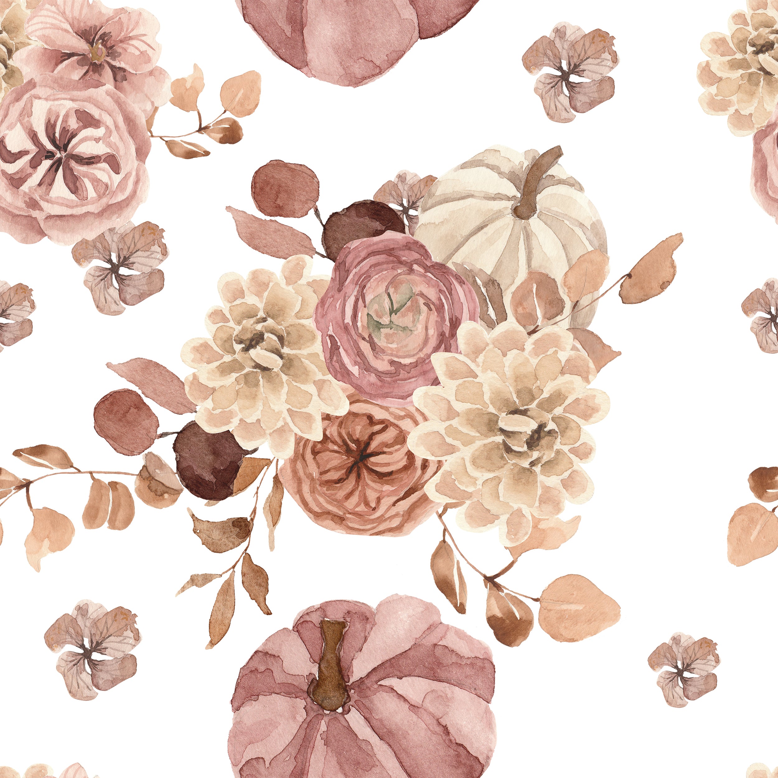 Close-up of the Pumpkin Spice Wallpaper showing a detailed floral design with watercolor pumpkins, roses, and hydrangeas in shades of pink, beige, and brown. The soft, muted colors and the organic layout of the elements give the wallpaper a gentle, autumnal feel.