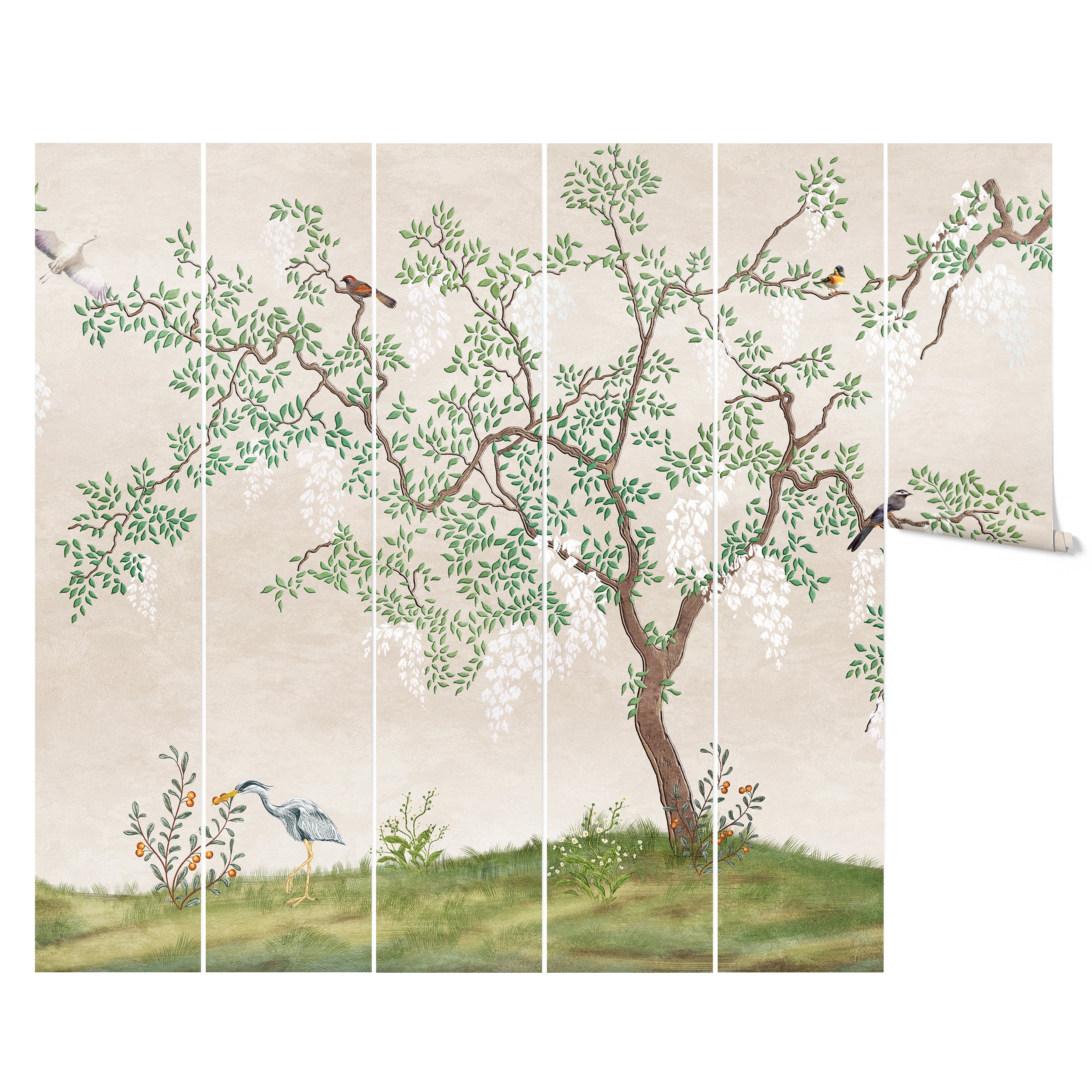A section of the Chinoiserie - Wallpaper Mural, focusing on the intricate design of a large tree with birds perched among the branches and a heron at the base. The detailed artwork and soft pastel background make it an ideal choice for adding elegance and an artistic touch to any room.