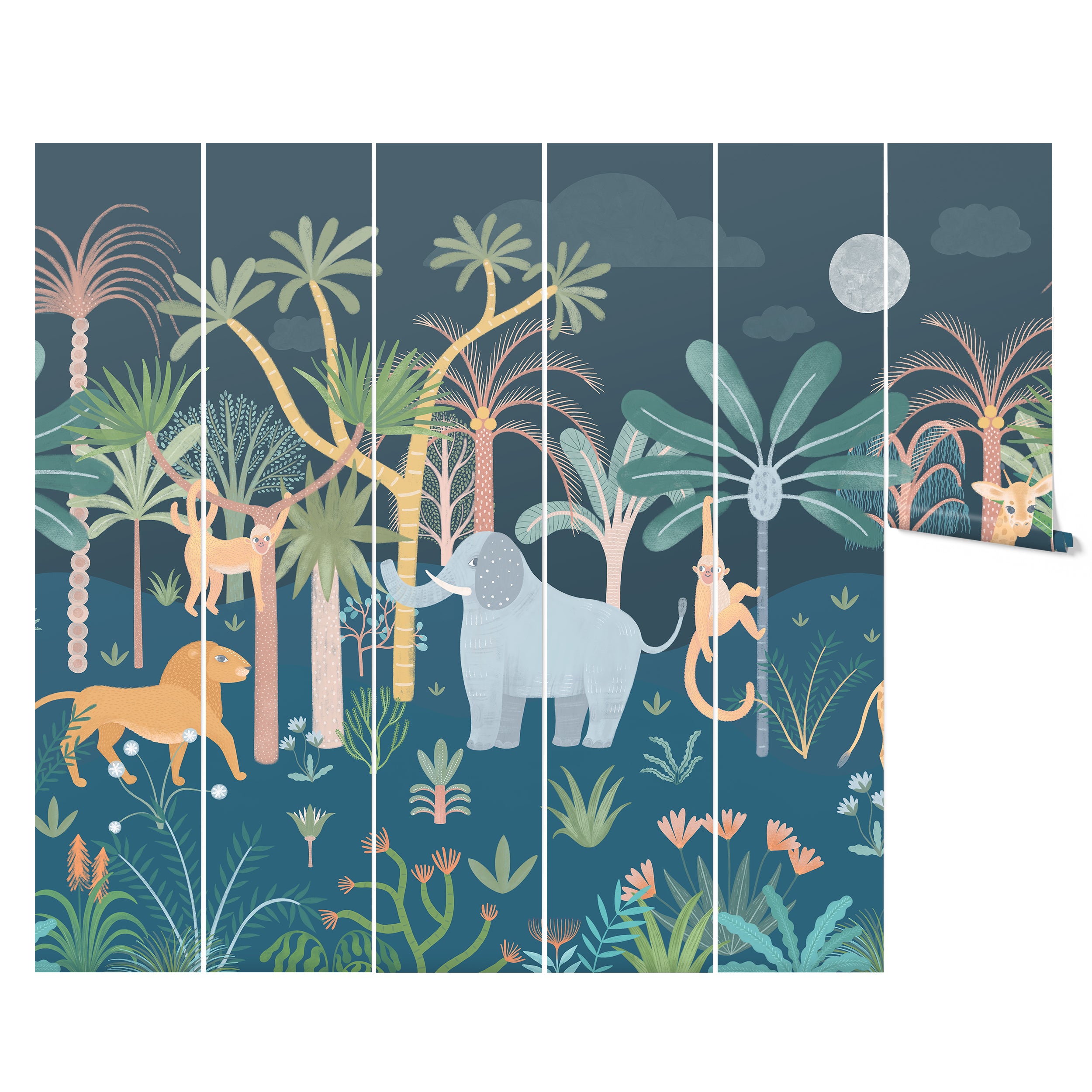 A full view of the African Jungle Wallpaper Mural spread across multiple panels, showcasing a rich tapestry of jungle animals like elephants and leopards among tropical trees and plants under a moonlit sky.