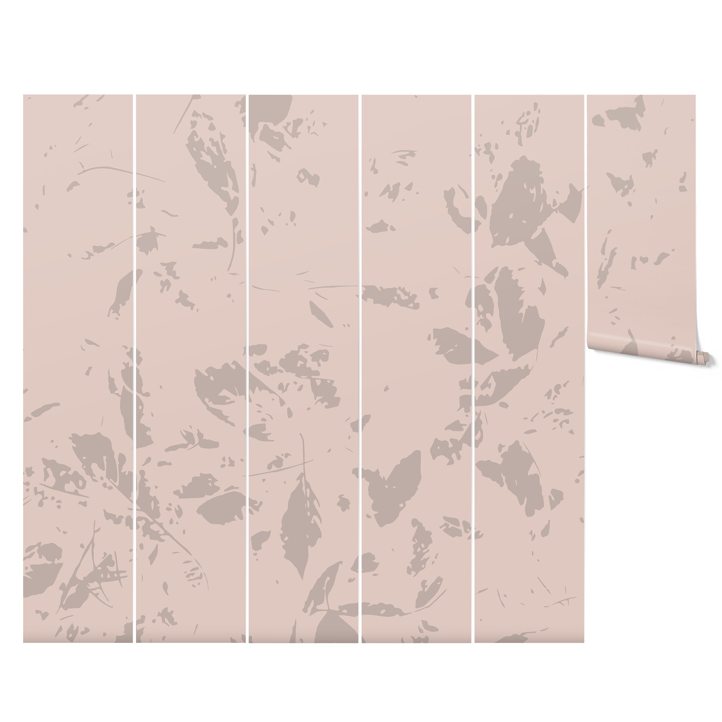 A roll of Abstract Floral - Floral Mural Wallpaper, displayed in a fan-like spread, revealing the gentle gray abstract floral designs on a blush pink background. The pattern is both artistic and soothing, suitable for adding a touch of elegance to any interior.