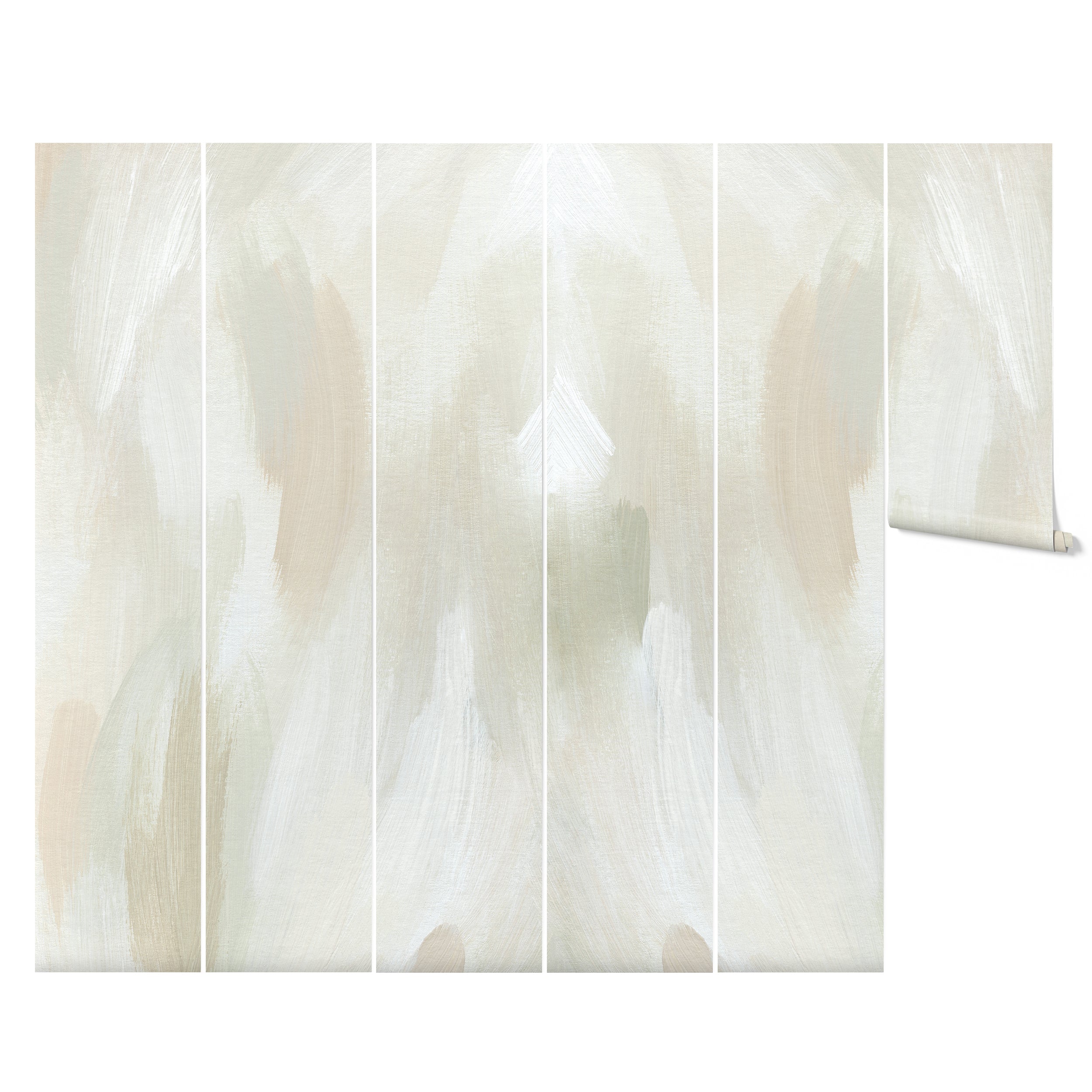 Mockup of the Earthy Aura Paint Texture Mural Wallpaper roll, displaying the abstract brushstroke pattern in soft, earthy tones, ideal for adding a touch of natural elegance to any interior space.
