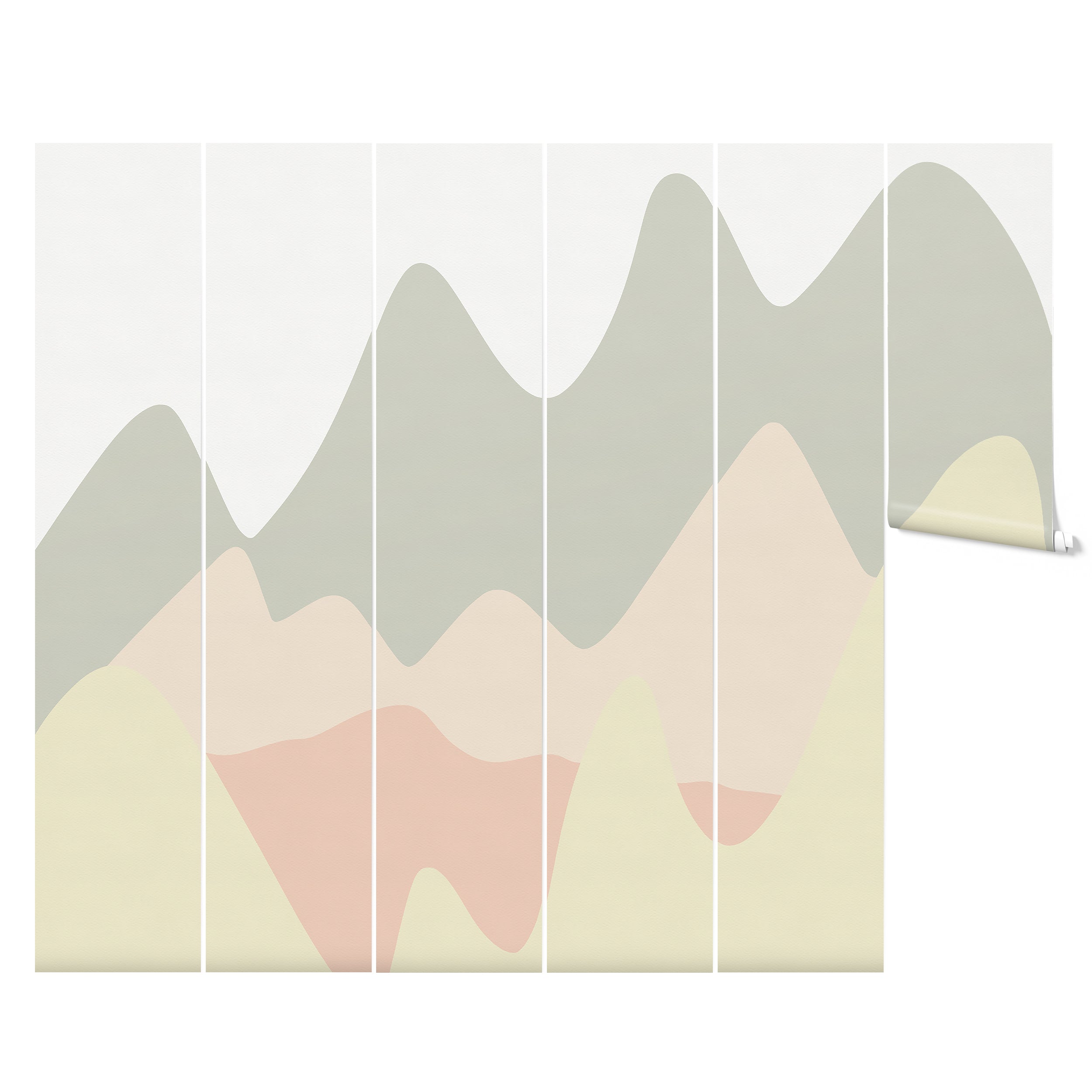 Mockup of the Pastel Hills Mural roll, showcasing the full abstract design of wavy pastel hills in soft shades of green, pink, and beige, perfect for adding a touch of serenity to any child's room