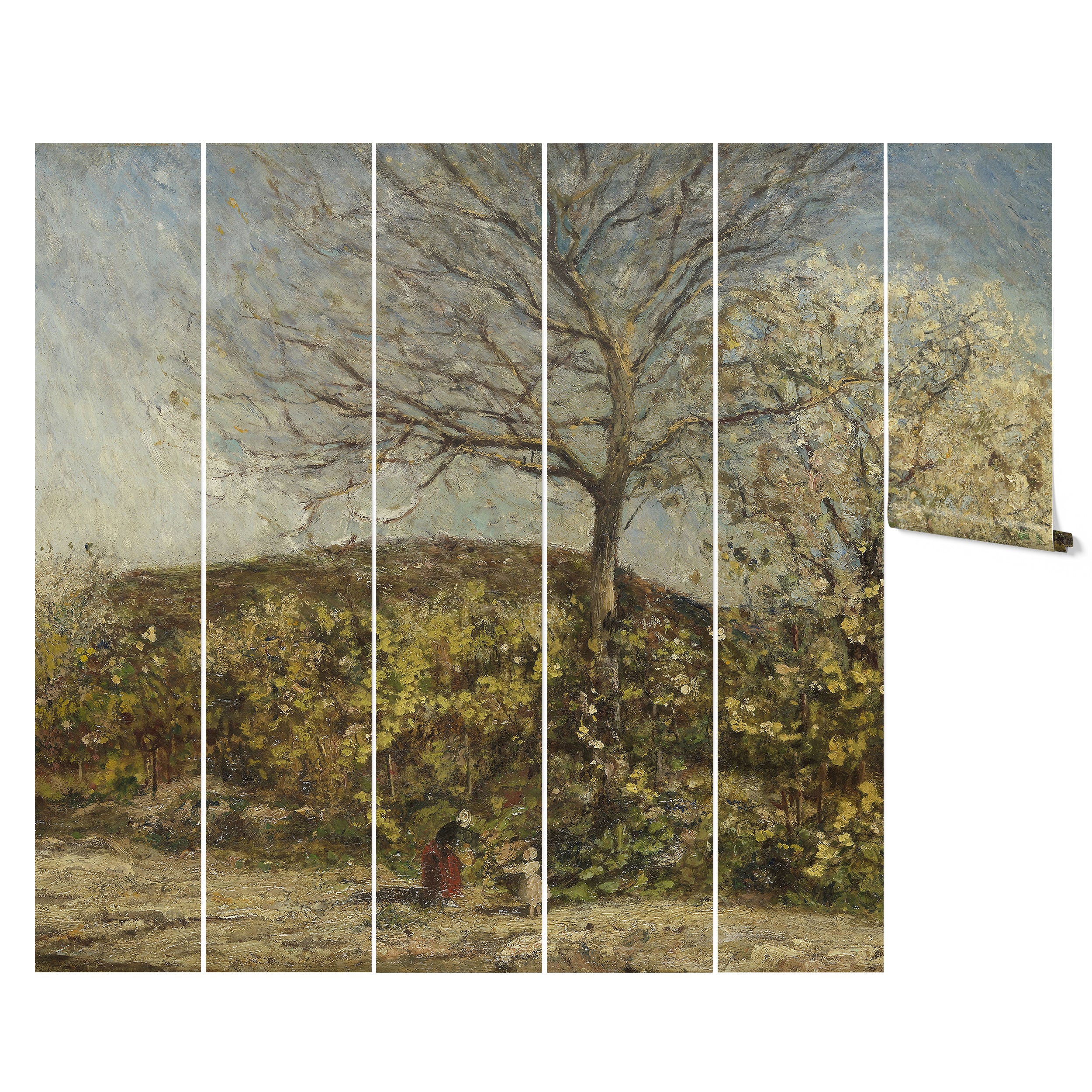 A panoramic view of a vintage wall mural divided into six panels, depicting a lush countryside scene with a tree at the center. The artwork captures a sense of depth and natural beauty, enhancing the aesthetic of any room.