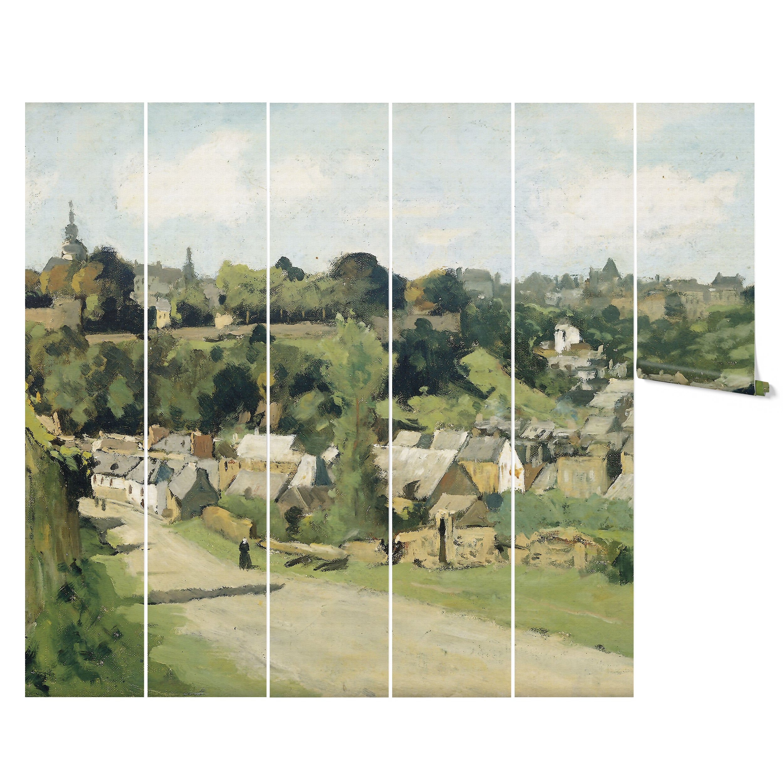 A six-panel display of a vintage landscape wall mural, offering a detailed and expansive view of a rustic village. Each panel captures different sections of the scene, combining to form a continuous and immersive view that enhances the aesthetic of any space