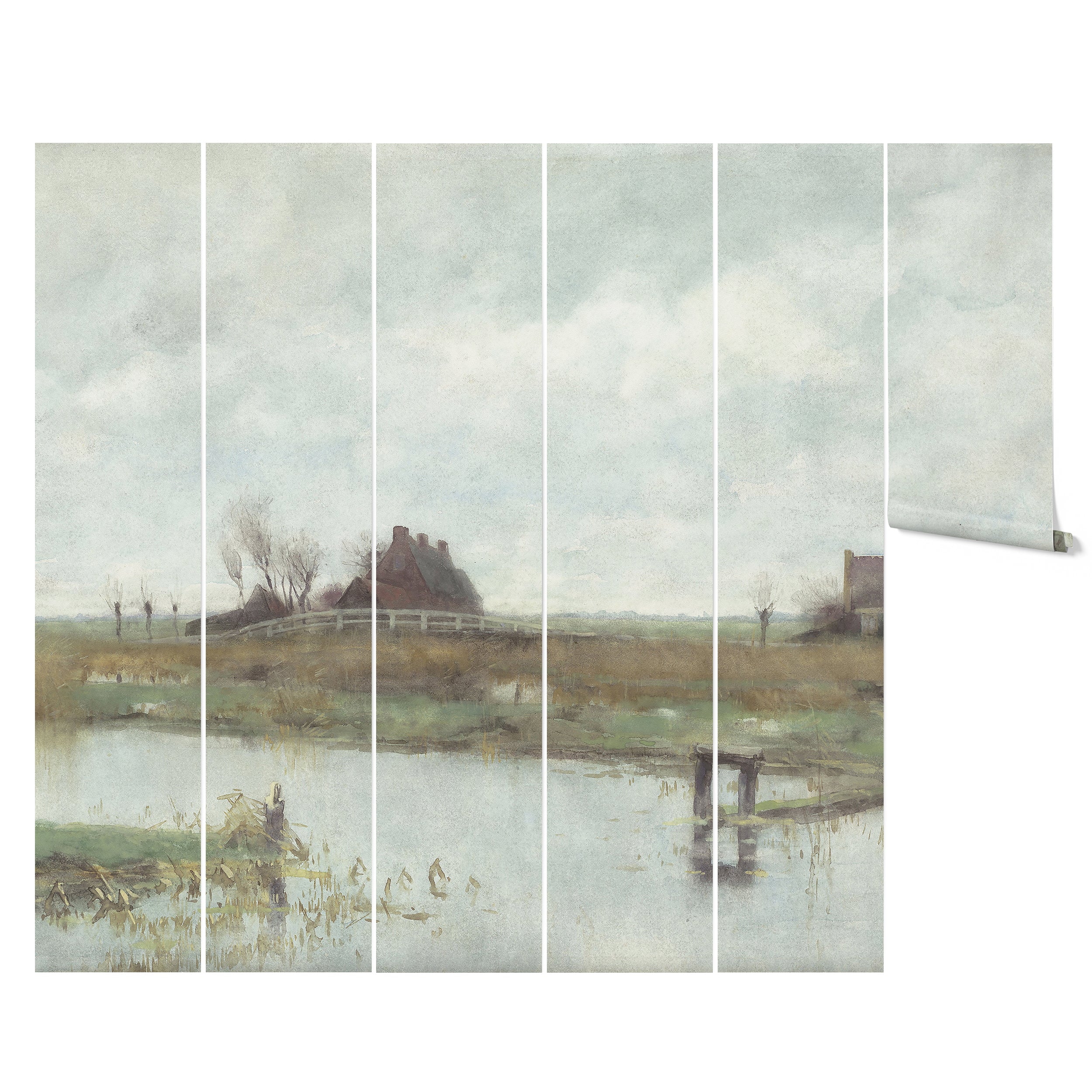 A creative presentation of the River Landscape - Vintage Mural divided into six vertical panels. Each panel captures a segment of the tranquil river scene, allowing for a modular and dynamic installation that adds artistic flair and depth to any room’s decor