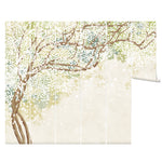 A roll of the Sakura Serenade mural wallpaper unrolled to display the full pattern. The design features cherry blossom branches with white flowers on a soft green and beige background, creating a tranquil and picturesque scene.