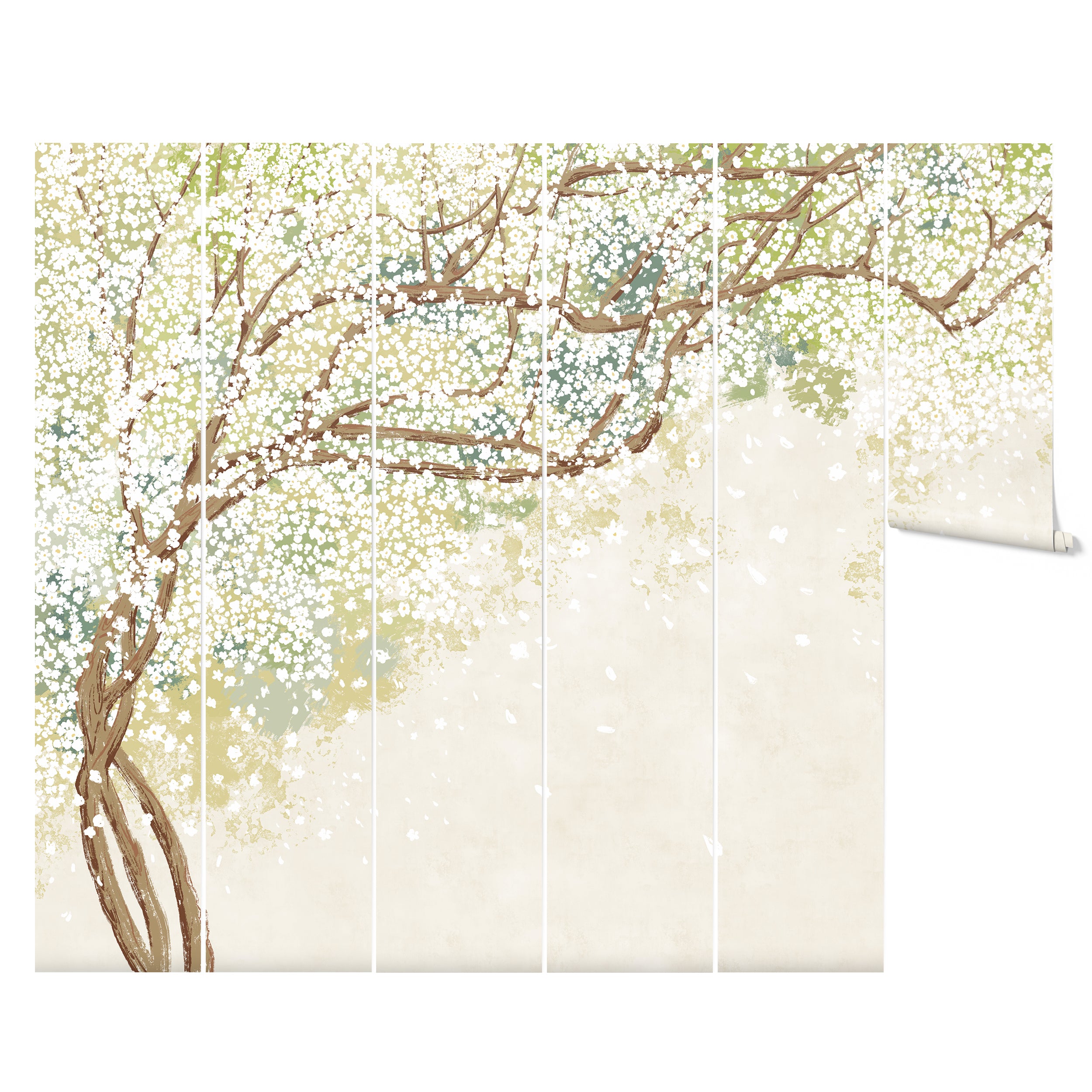 A roll of the Sakura Serenade mural wallpaper unrolled to display the full pattern. The design features cherry blossom branches with white flowers on a soft green and beige background, creating a tranquil and picturesque scene.