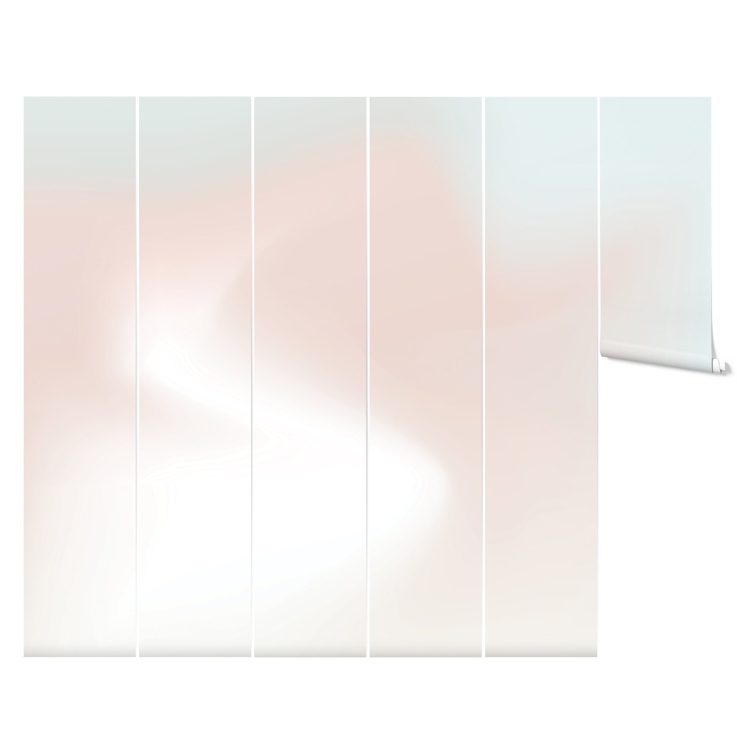 Mockup of the Nursery Wallpaper Mural in soft gradient colors displayed on six vertical panels, showcasing the seamless transition from blues to pinks.