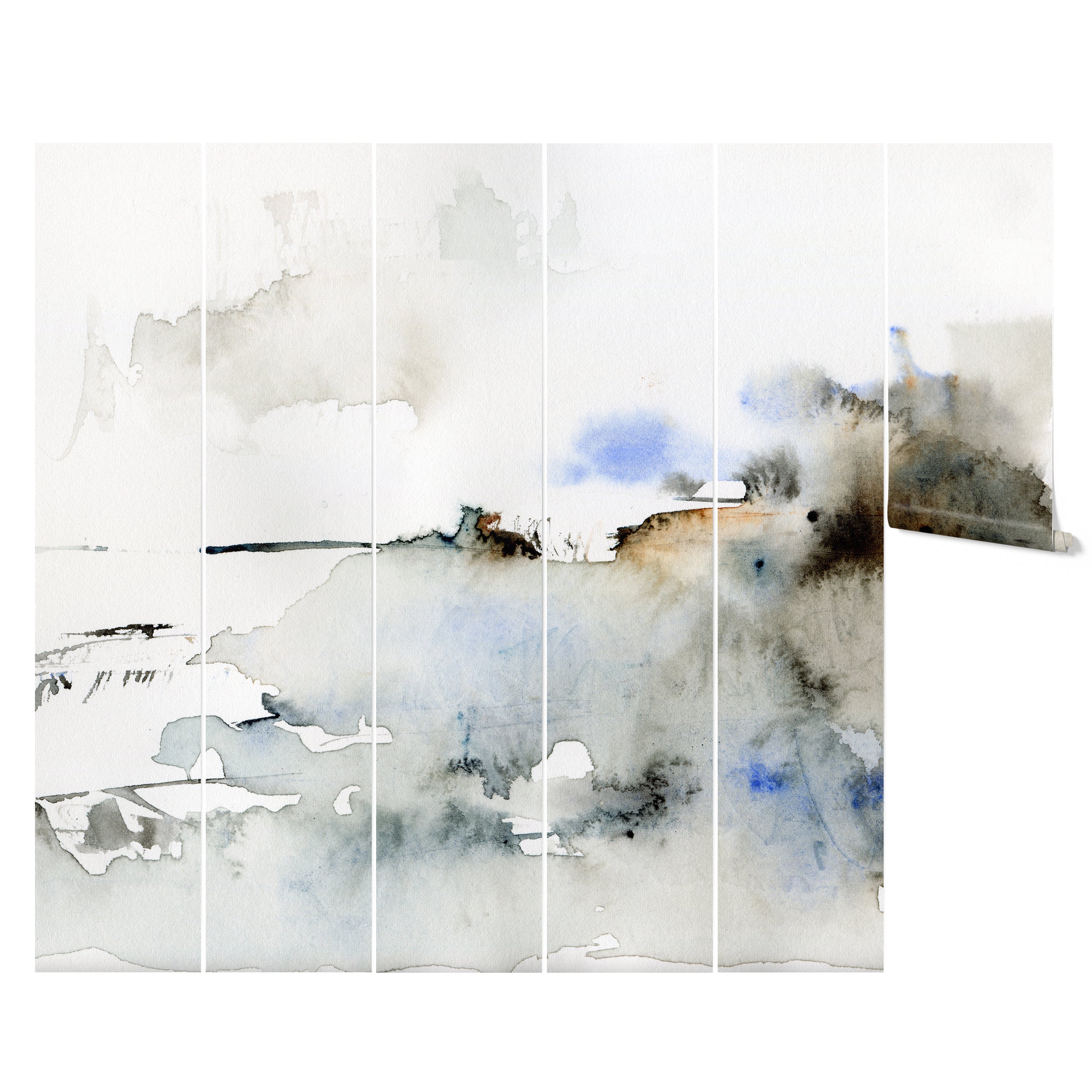 A panoramic wall mural, "Atmospheric Mural," displayed as a series of vertical panels, featuring abstract watercolor brush strokes in a blend of grays, whites, and hints of blue, creating a serene and evocative visual experience reminiscent of a stormy seascape.
