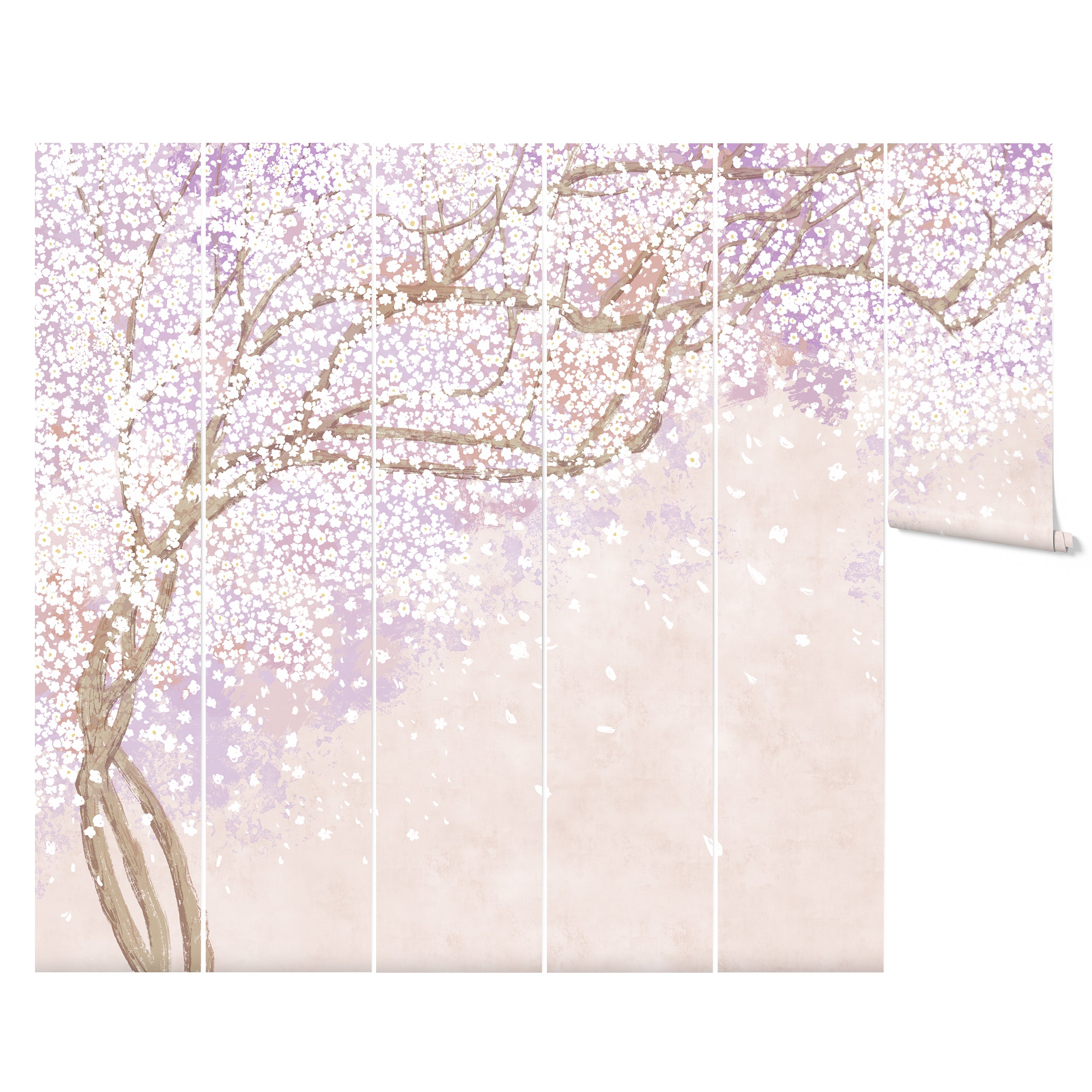 Mockup of the Sakura Nursery Kid Wallpaper Mural in six panels, depicting the full cherry blossom tree design with branches and flowers extending across the pastel pink panels, perfect for creating a dreamy and peaceful nursery environment.