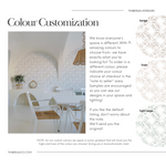 A promotional graphic by Timberlea Interiors for 'Colour Customization' of wallpapers, depicting a stylish kitchen with upper walls covered in a subtle geometric-patterned wallpaper. The image features text offering 71 color options for customization and encourages buyers to request samples to see how the designs look in their space's lighting