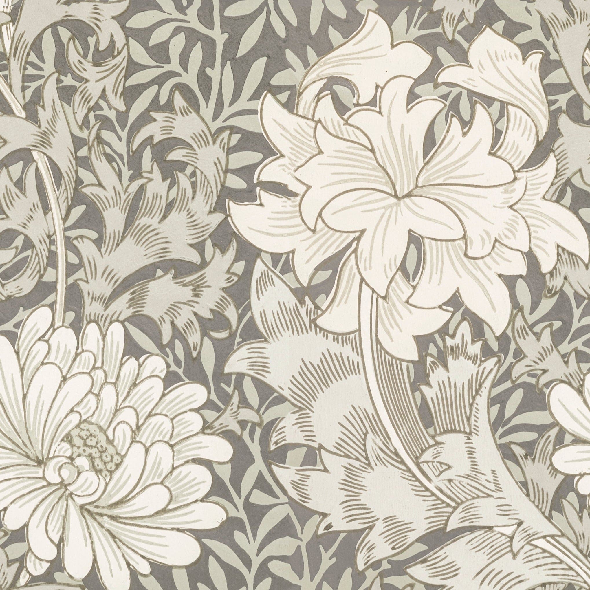 A detailed view of the Entwined Elegance Wallpaper, displaying its intricate floral design with large blooms and foliage in shades of gray on a muted background, exuding a classic and timeless aesthetic.