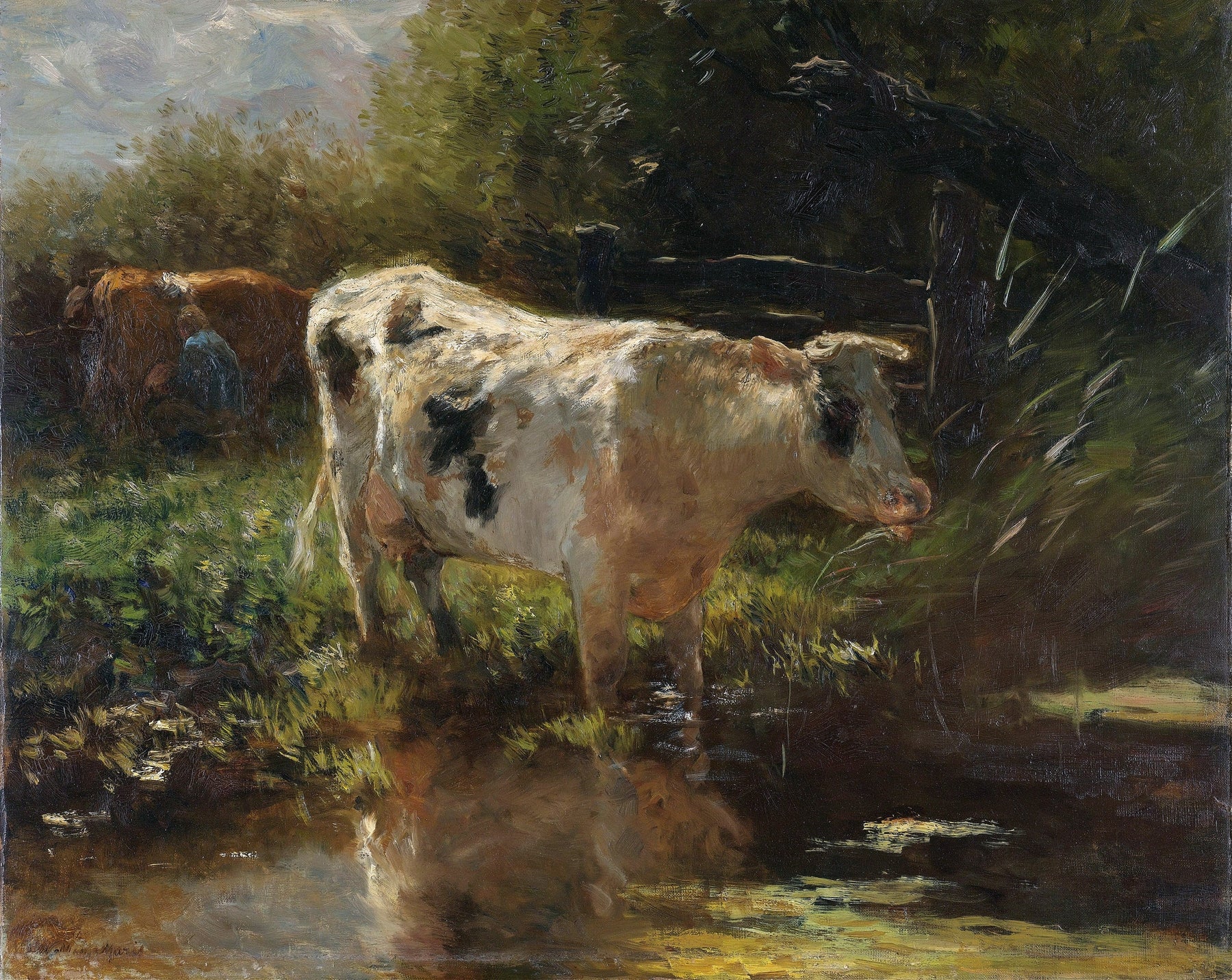 Close-up view of a vintage art print titled 'Spotted Cow,' showcasing the detailed depiction of a black-and-white cow near a pond. The soft brushstrokes and rich colors capture the serene countryside setting. The image includes the text 'Timberlea Interiors Vintage Art Print Collection.