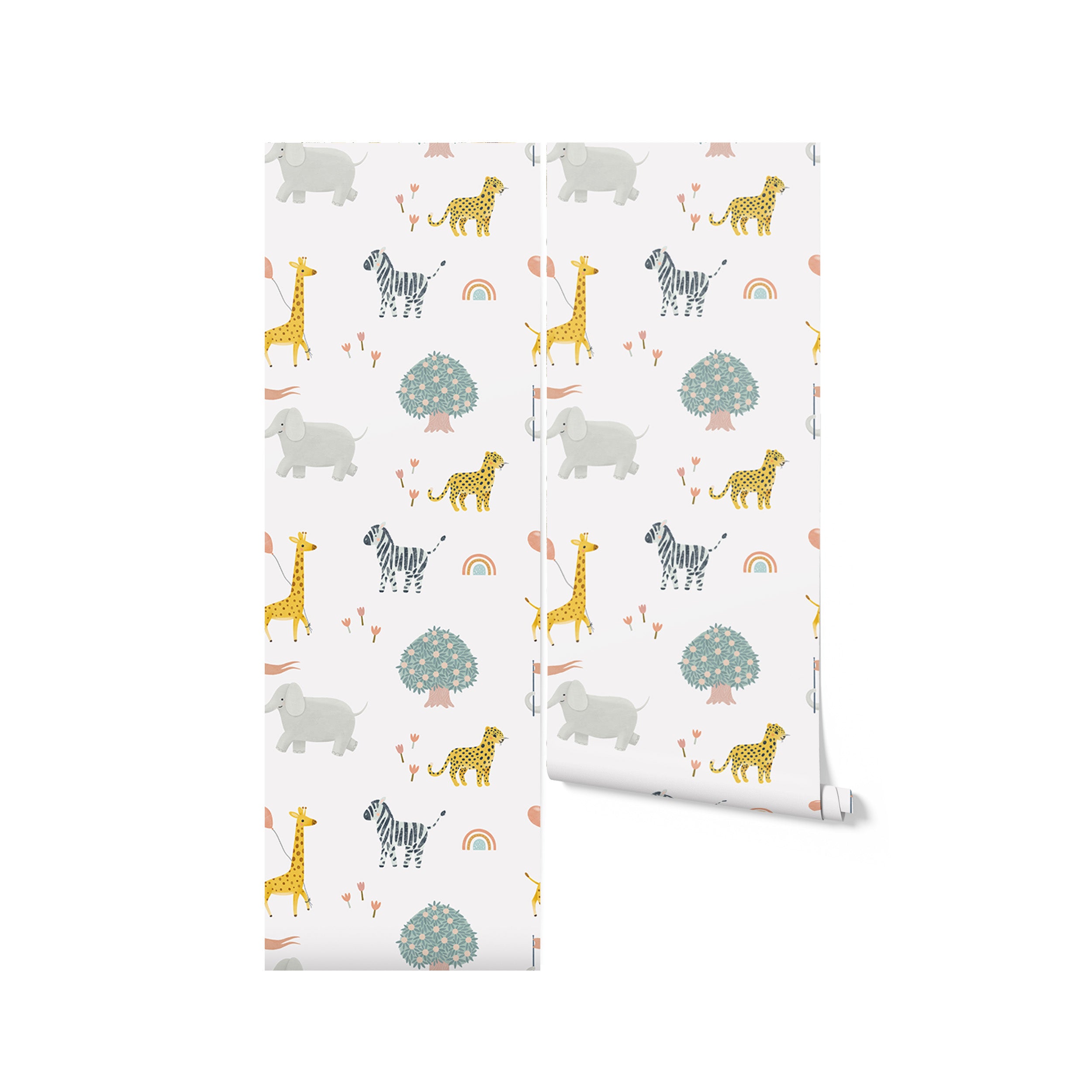 Rolled-up view of Safari Adventure Wallpaper depicting various safari animals like elephants, giraffes, zebras, and cheetahs interspersed with rainbows and flora on a white background, suggesting a lively, yet gentle wall decoration for children's spaces