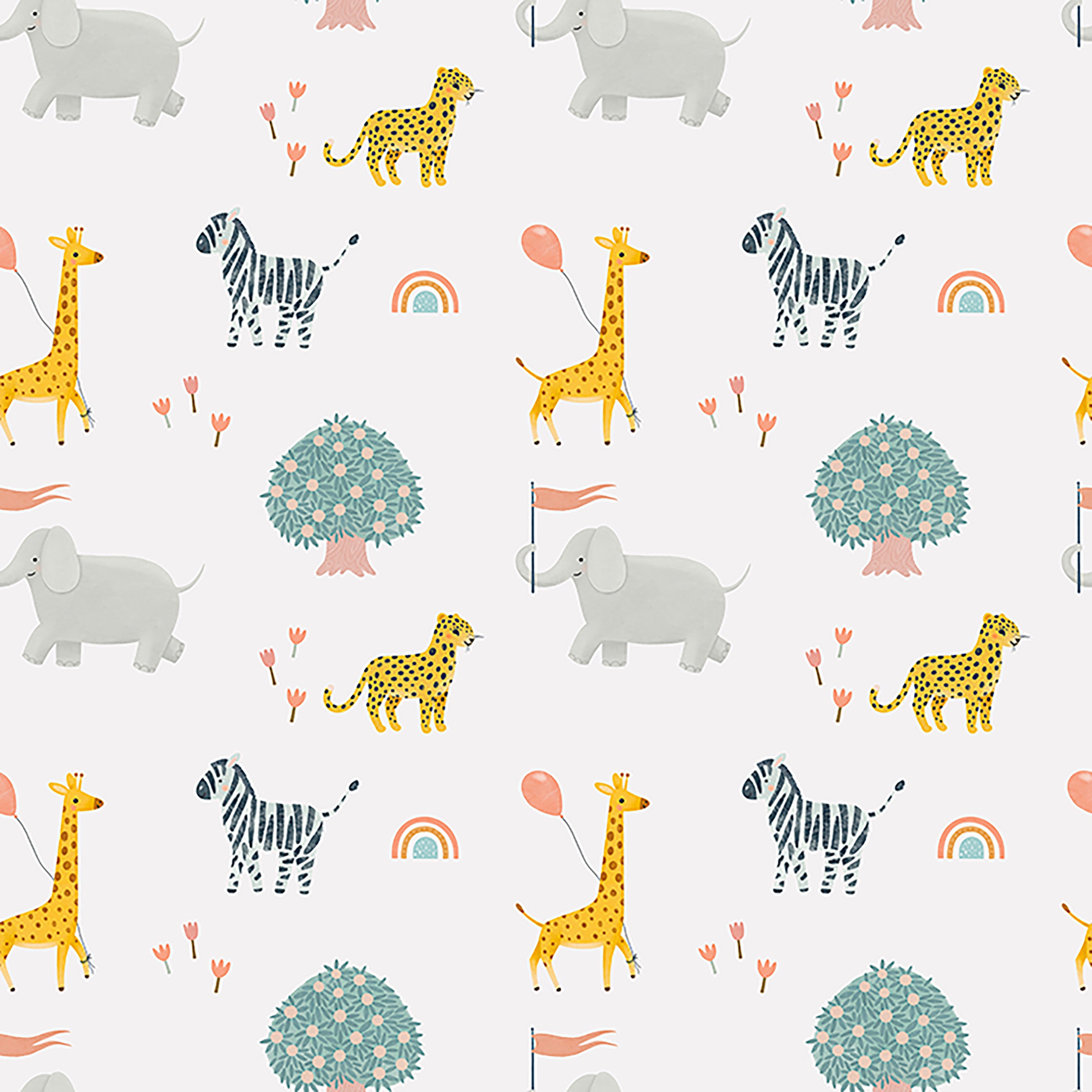 Seamless pattern of Safari Adventure Wallpaper featuring stylized, playful illustrations of elephants, giraffes, zebras, cheetahs, rainbows, and floral elements in a muted color palette on a light background