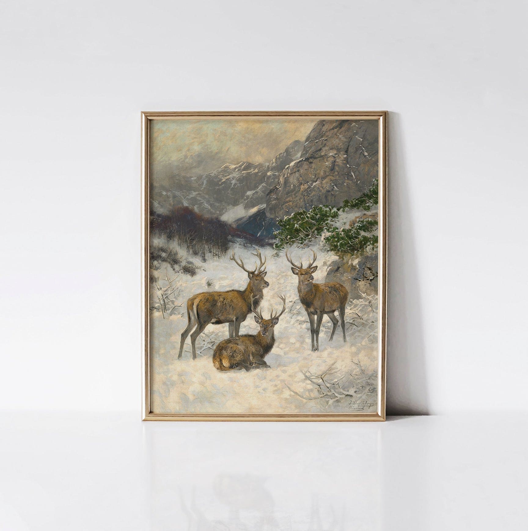 A Deer Herd in Winter - Vintage Art Print