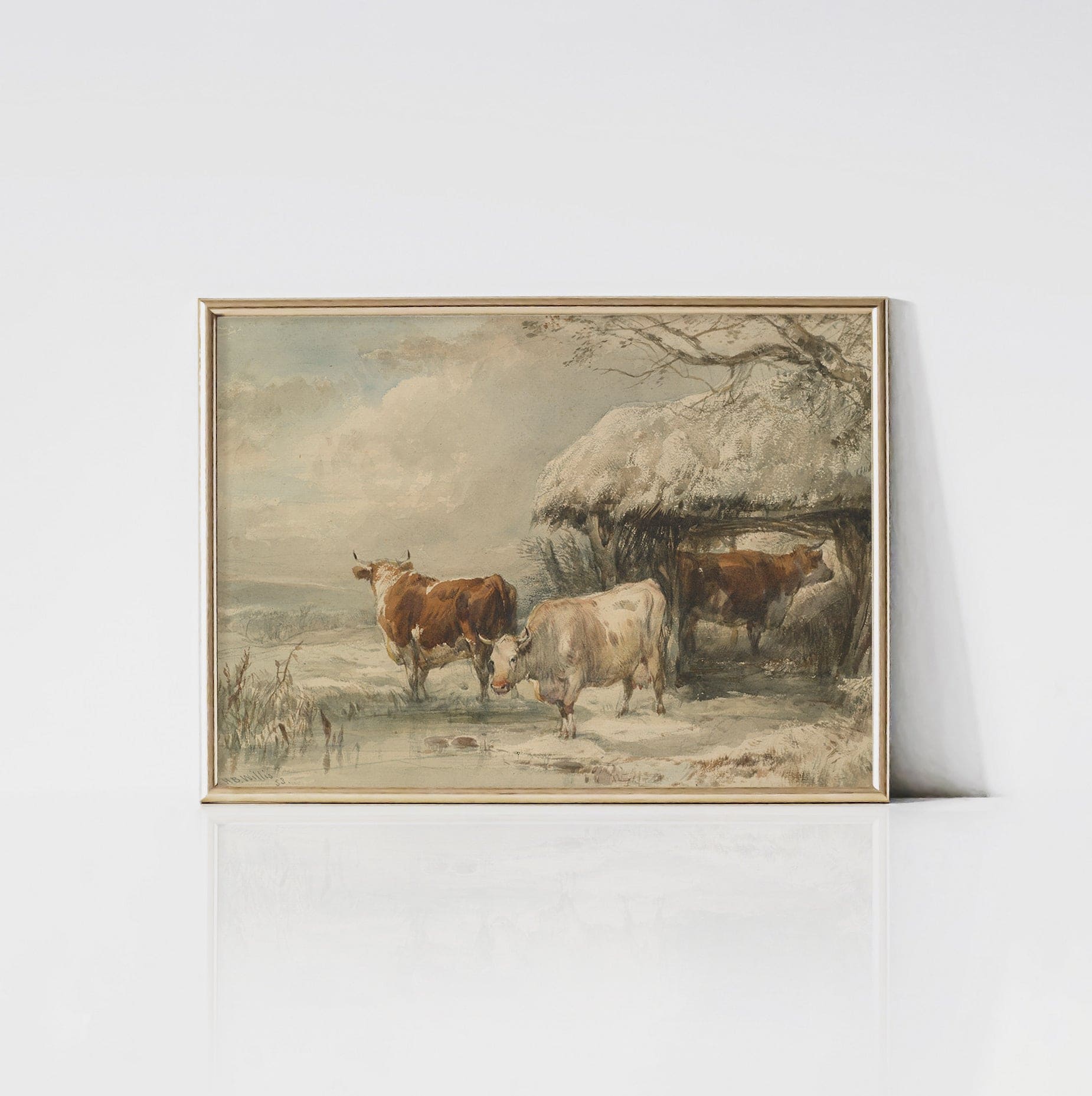 Cows in winter (1853) - Vintage Art Print