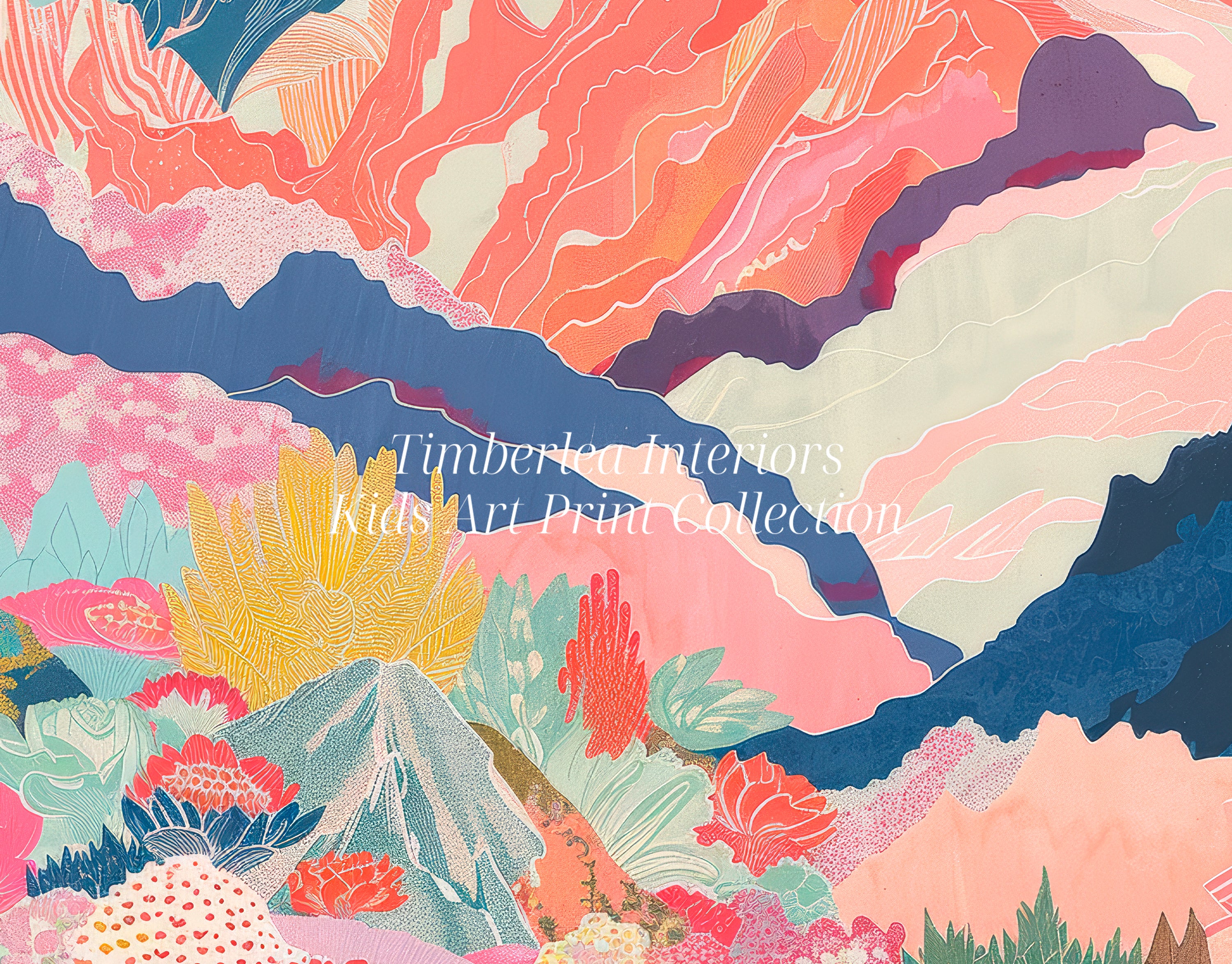 Close-up view of the Mountain Bloom Art Print featuring a vibrant mountain landscape with an array of colorful blooming flowers in shades of pink, blue, and yellow.