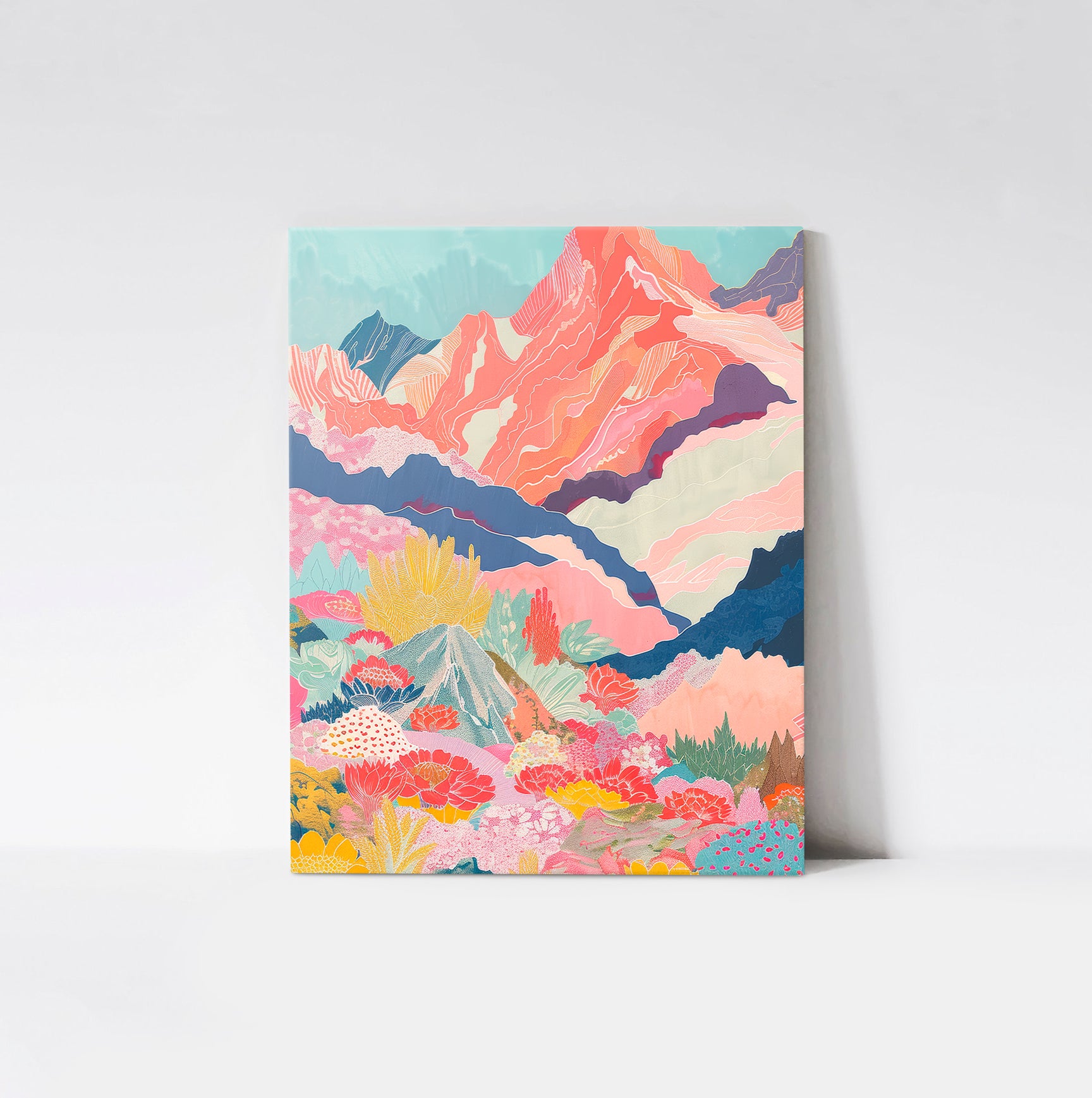 Mountain Bloom Art Print in a rustic wood frame, depicting a lively mountain landscape with an array of blooming flowers in various colors, perfect for adding a cheerful touch to any room.