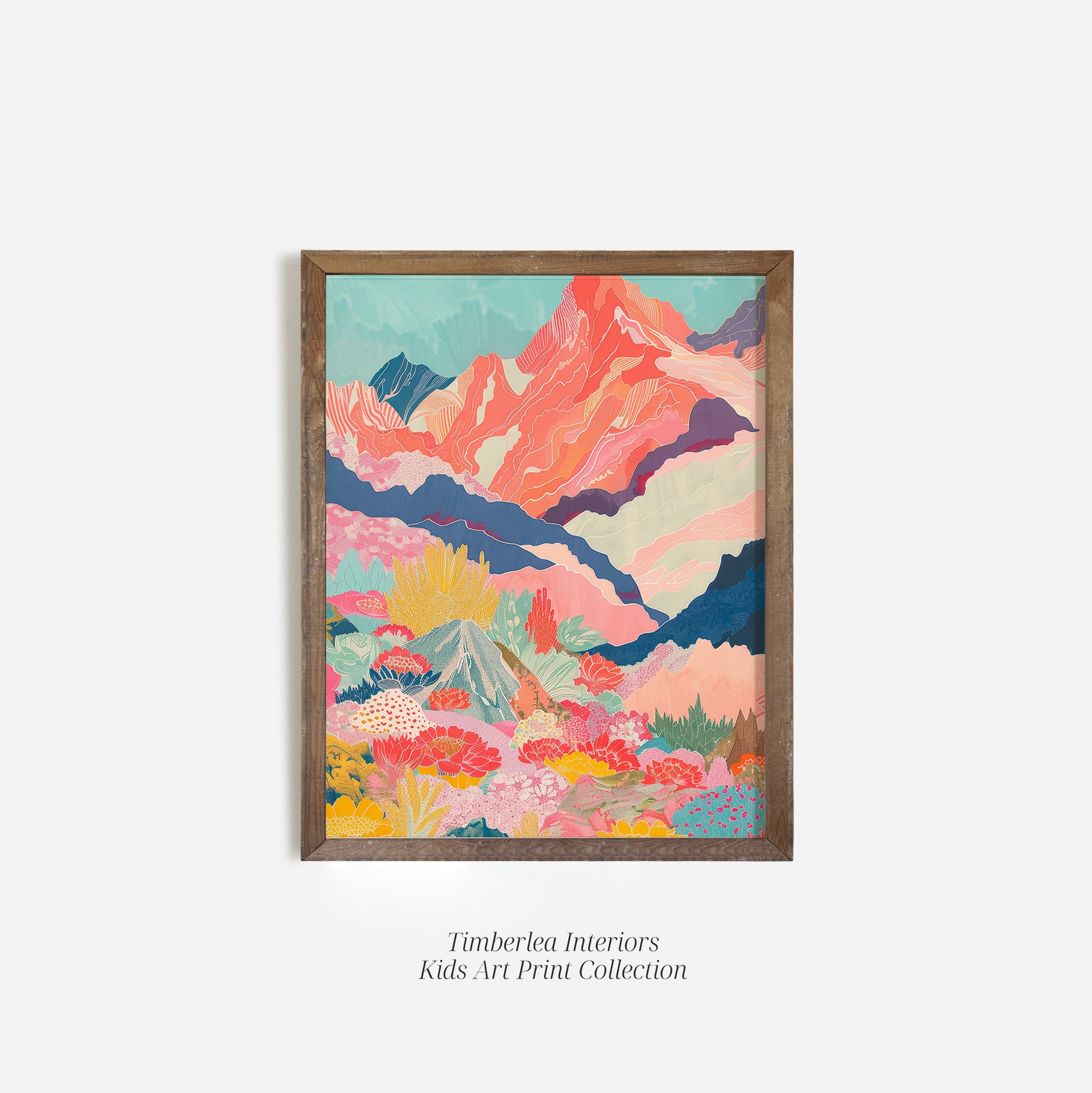 Mountain Bloom Art Print displayed on a wood board, highlighting the intricate details of the vibrant mountain landscape and colorful blooming flowers.