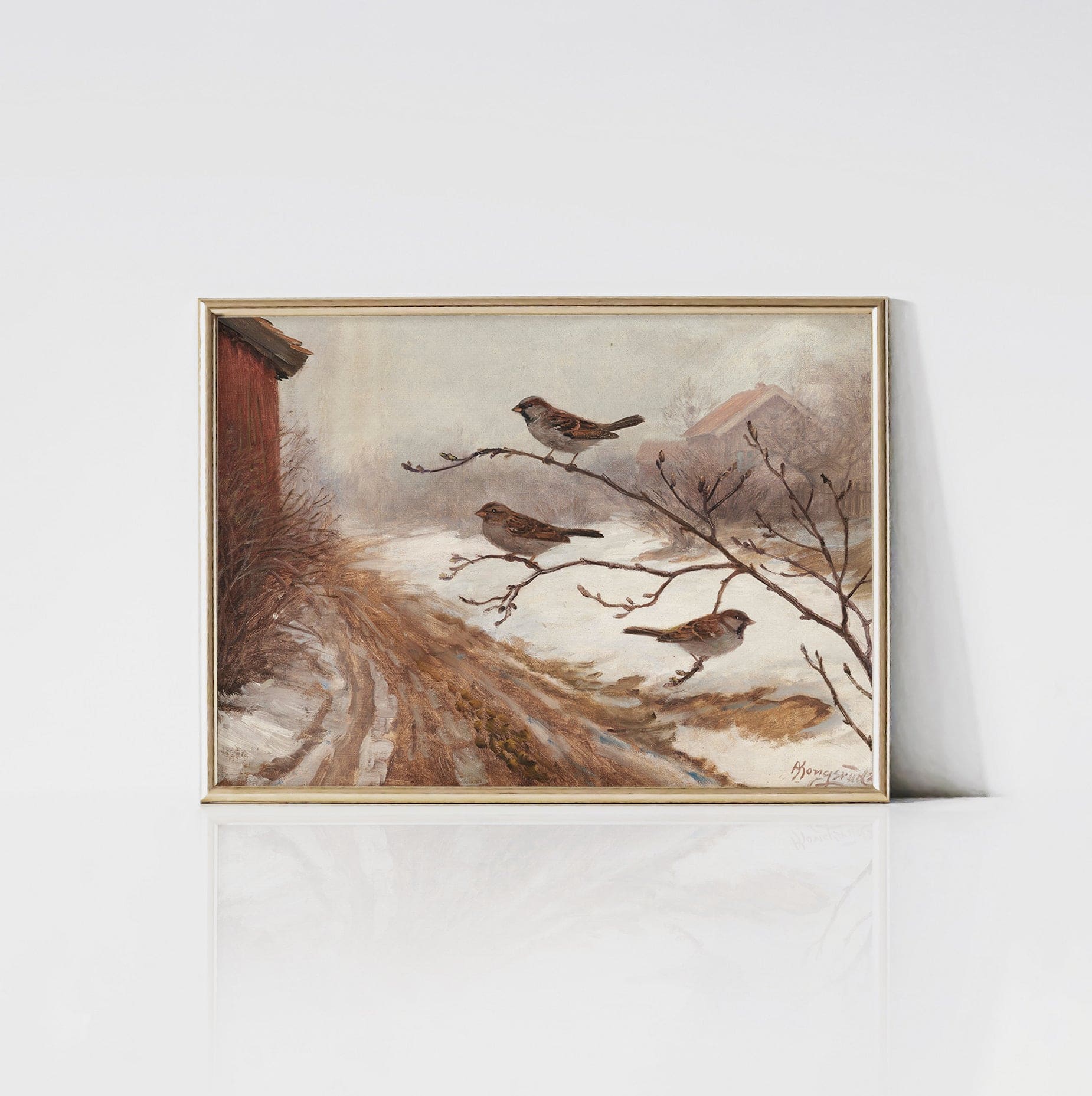 A Winter Scene with Birds - Vintage Art Print