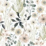 A detailed view of the Summer Romance floral wallpaper showing a pattern of various flowers including poppies, daisies, and other botanical elements in soft shades of beige, pink, green, and blue on a light background.