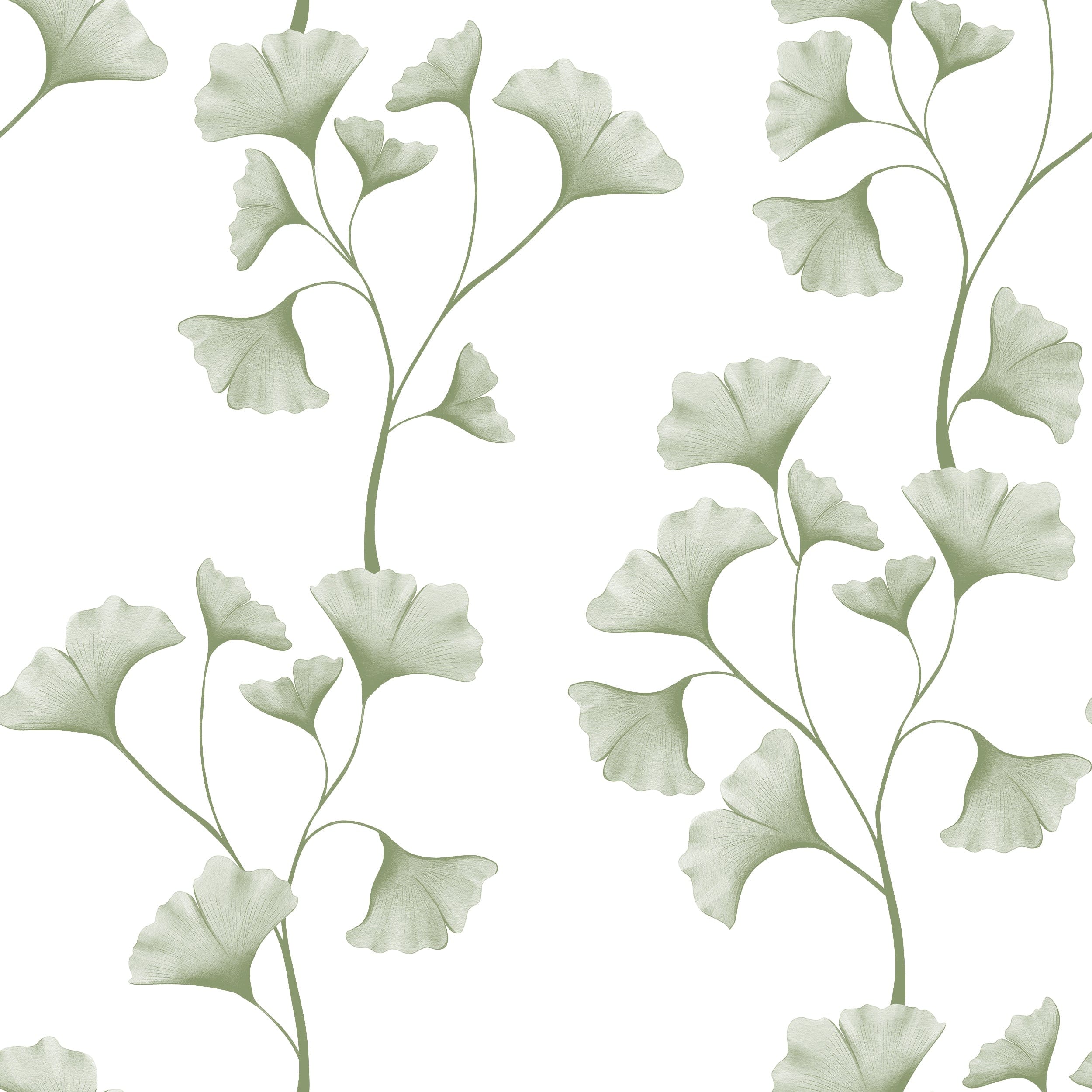 A close-up view of the Botanical Vines Wallpaper - 75", featuring a delicate pattern of stylized green ginkgo leaves on a soft white background. The leaves are spaced along thin, wavy vines, creating a gentle, flowing aesthetic that invokes a sense of calm and elegance.