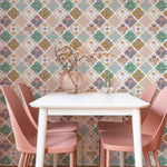 Modern dining area showcasing walls adorned with floral mosaic wallpaper, presenting a symmetrical design of blooms and avian motifs in soft hues, complemented by minimalist furniture.