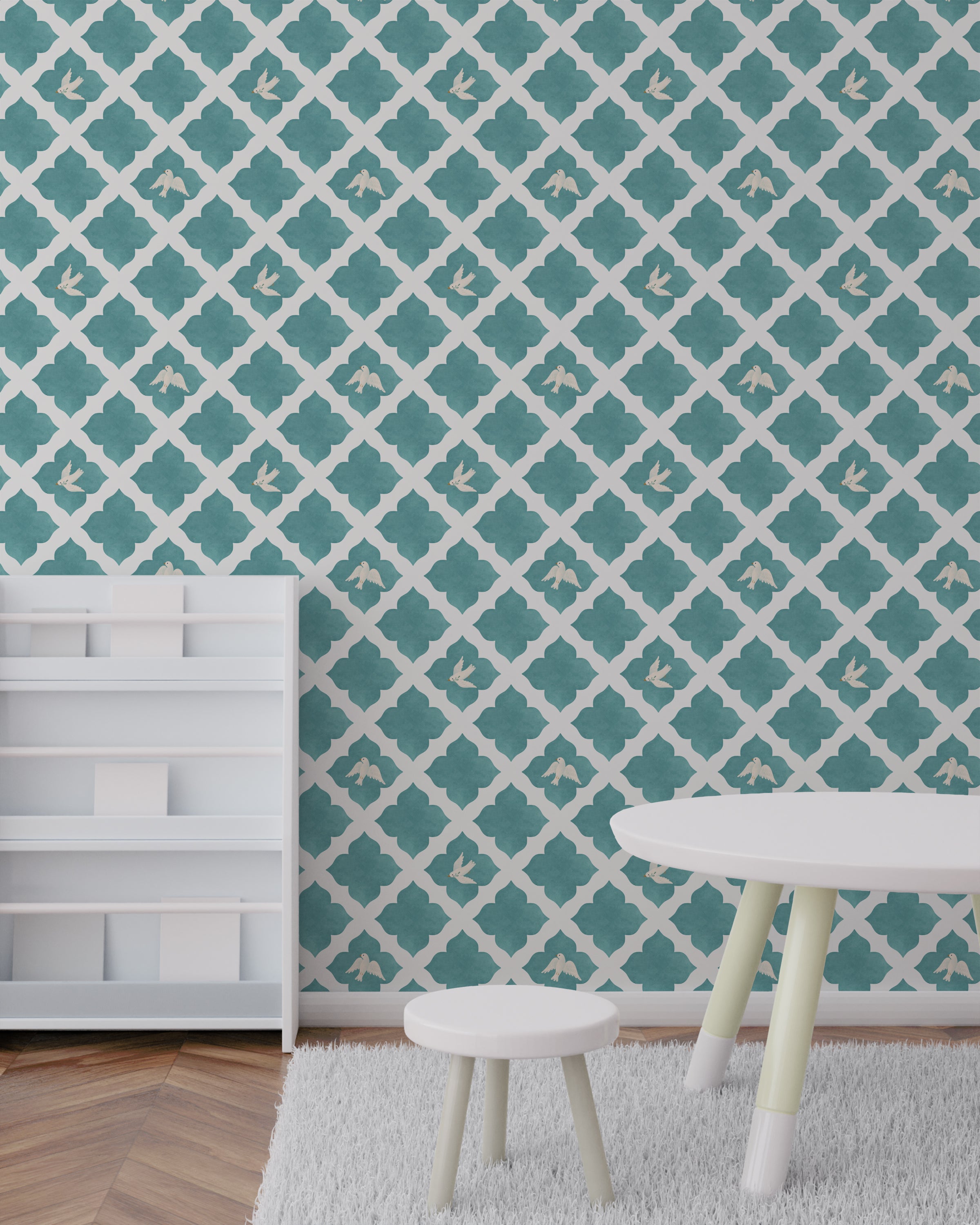 A children's room with walls adorned in Dove Mosaic Wallpaper showcasing a vibrant teal Moroccan tile pattern interspersed with white doves in various poses