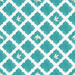 A seamless pattern featuring stylized white doves in flight set against a teal Moroccan tile background