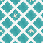 A seamless pattern featuring stylized white doves in flight set against a teal Moroccan tile background